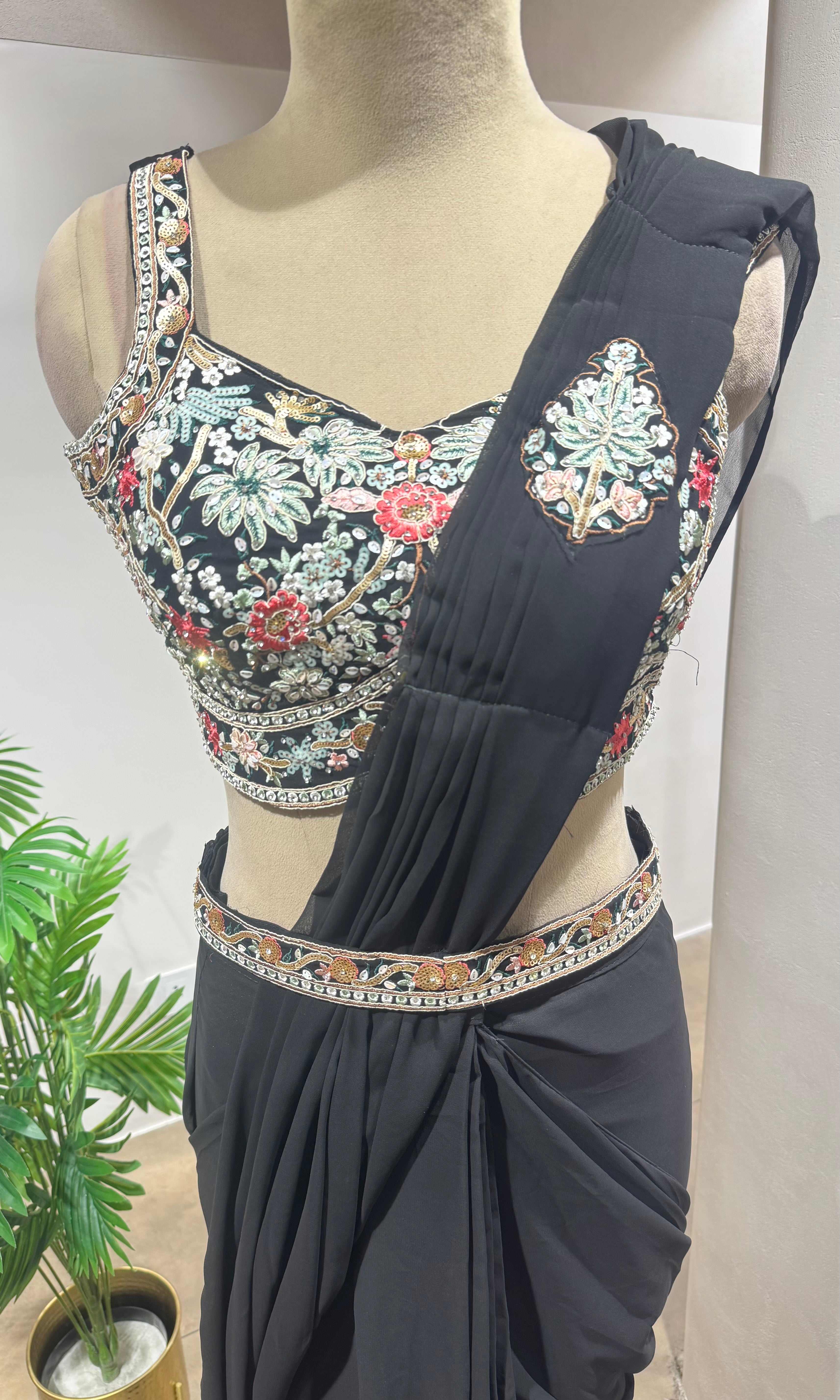 black drape saree with floral blouse & BELT
