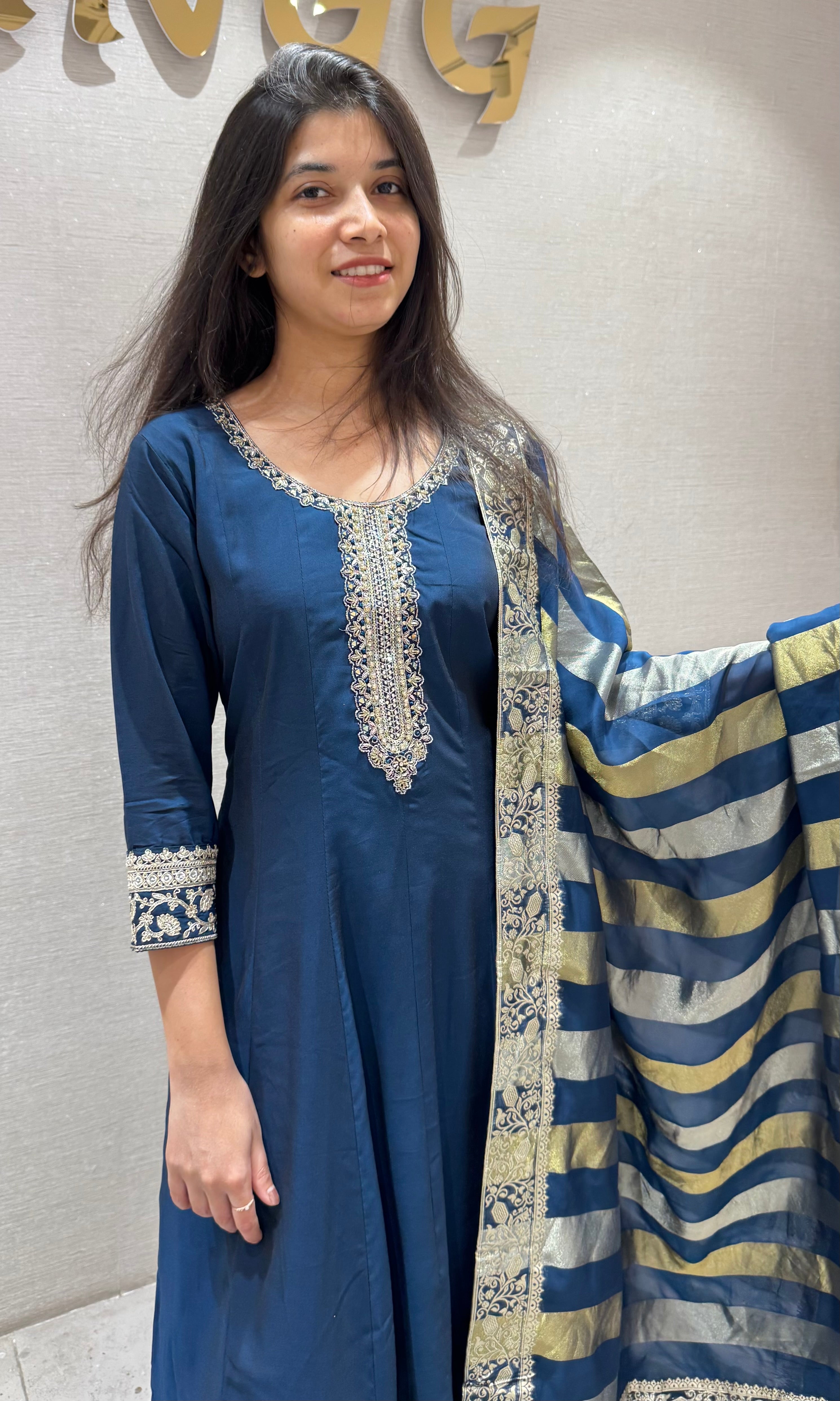 Regal Navy Blue Embroidered Anarkali Set