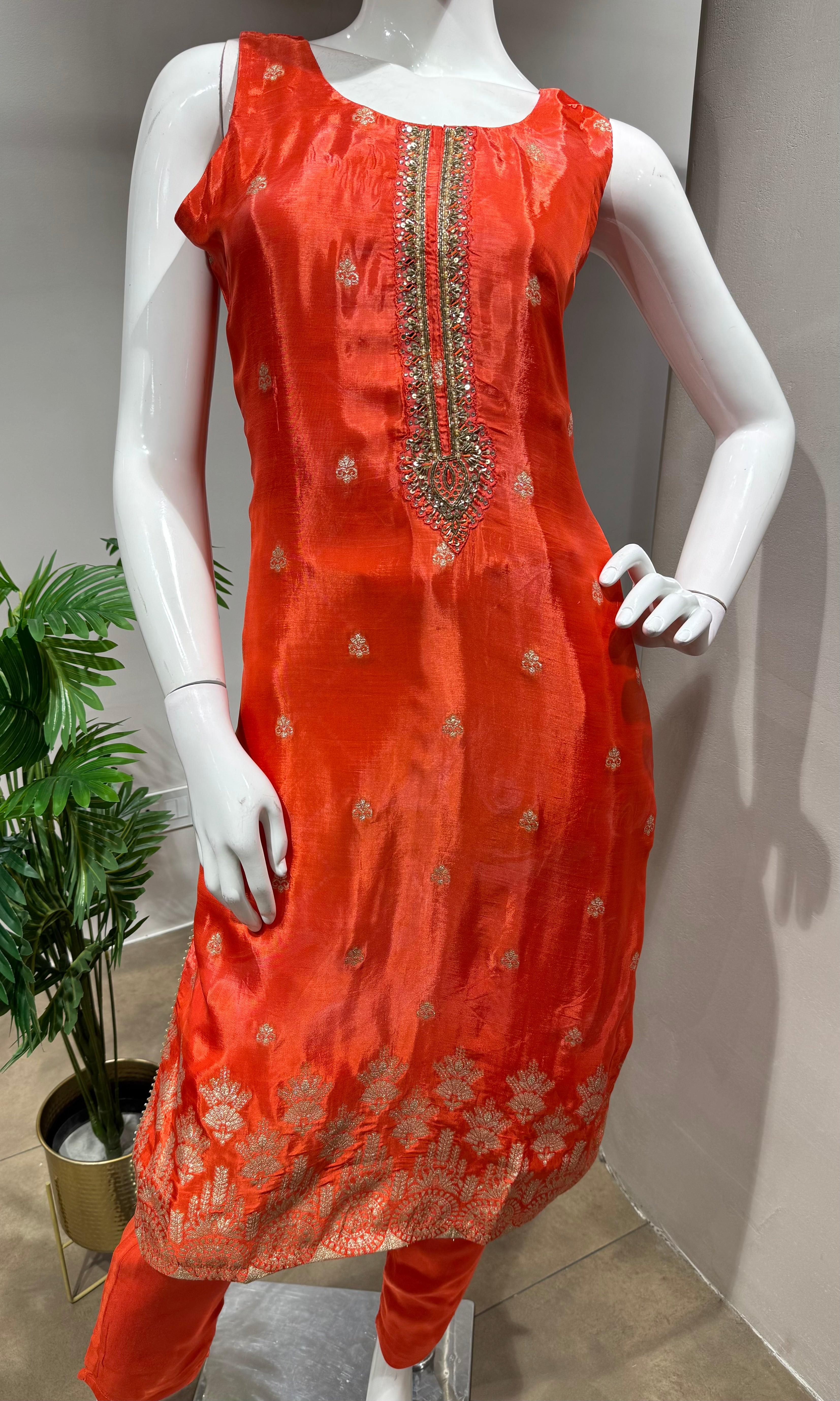Orange Silk Embroidered Kurta Set