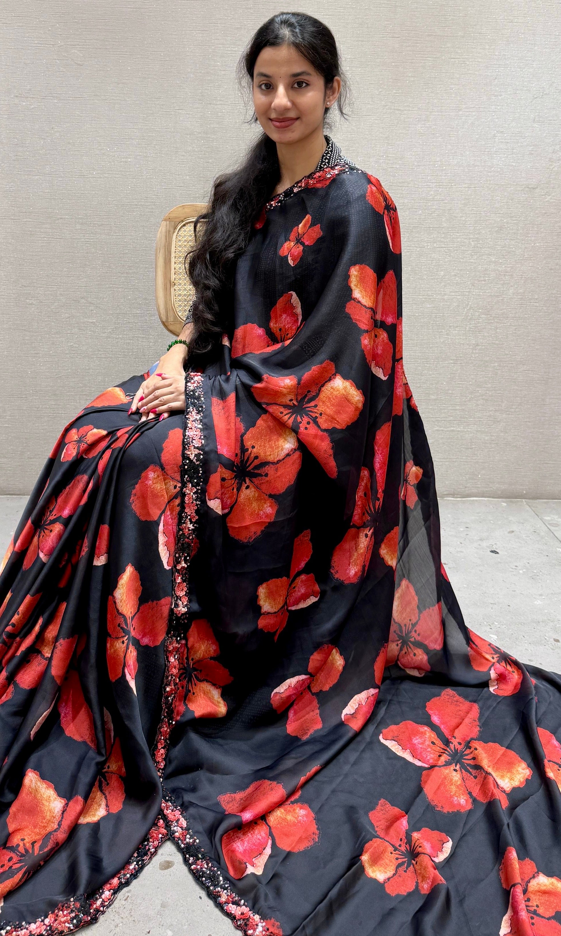 Black Floral Saree with ready blouse