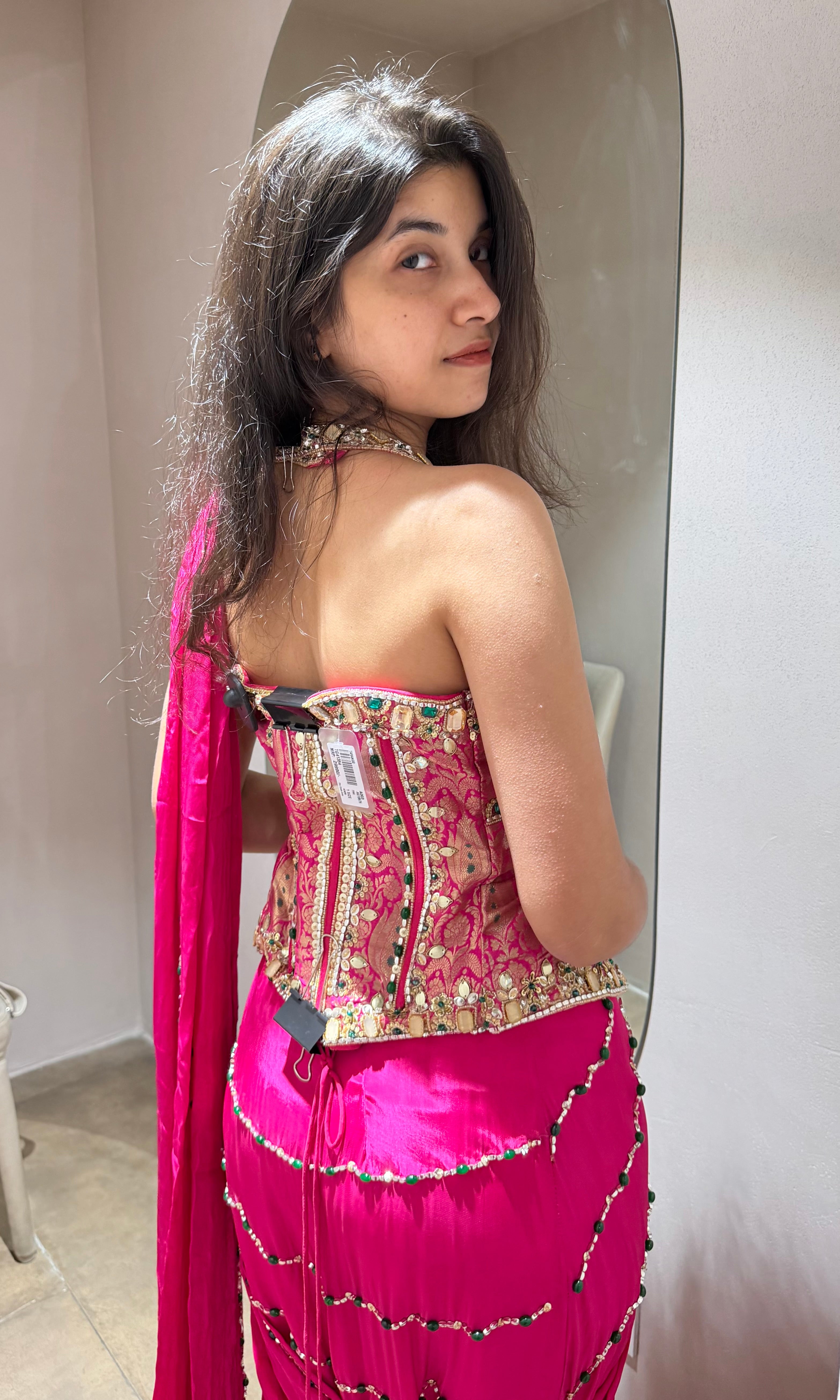 Pink DRAPE SAREE WITH ELEGANT CORSET BLOUSE