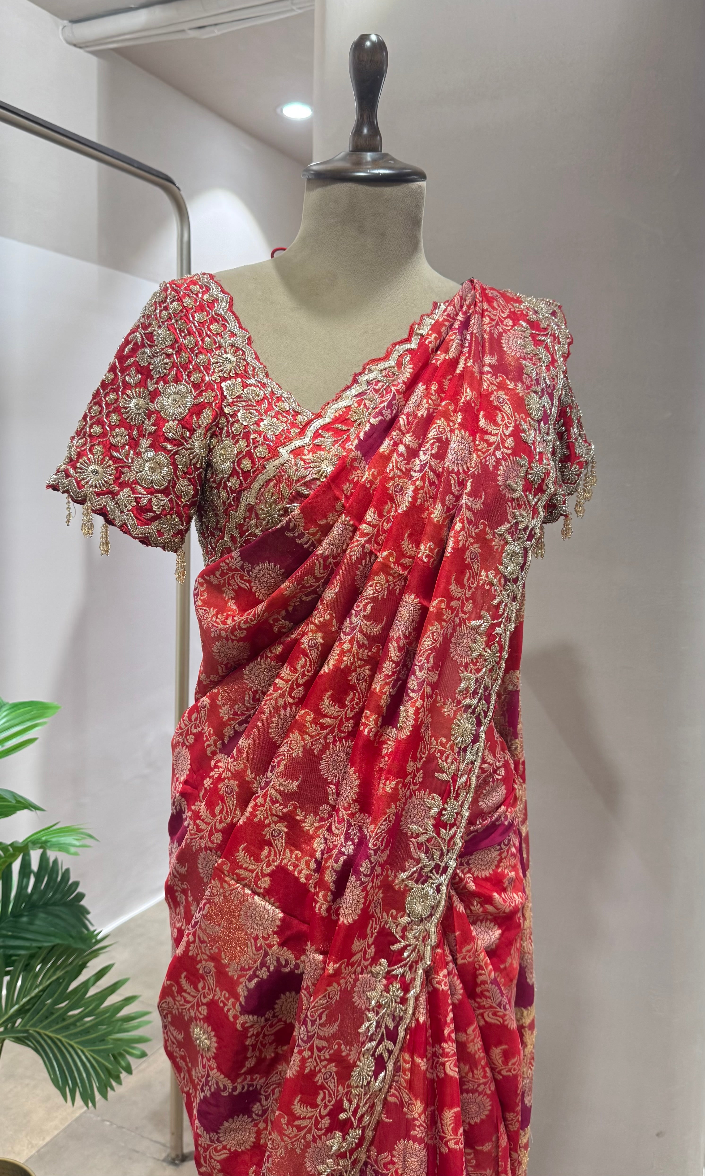 RED GOLD WORK BANARASI SILK SAREE WITH BLOUSE