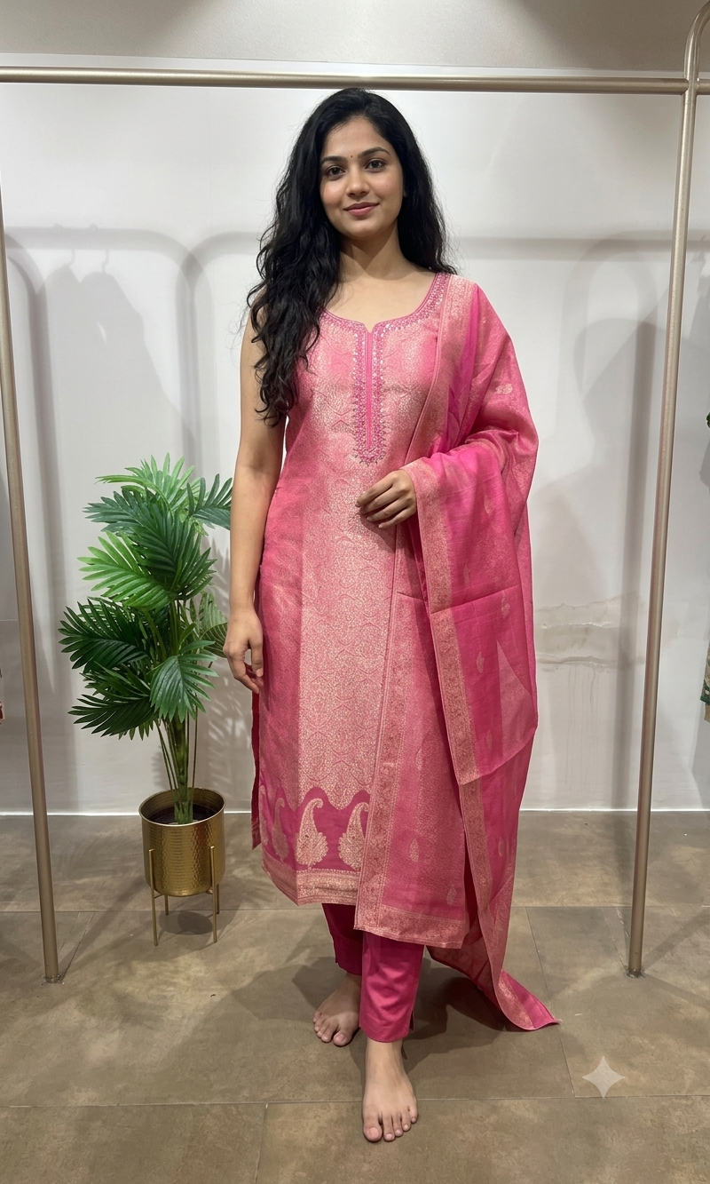 Pink Banarasi Silk kurta set with Zari Embroidery