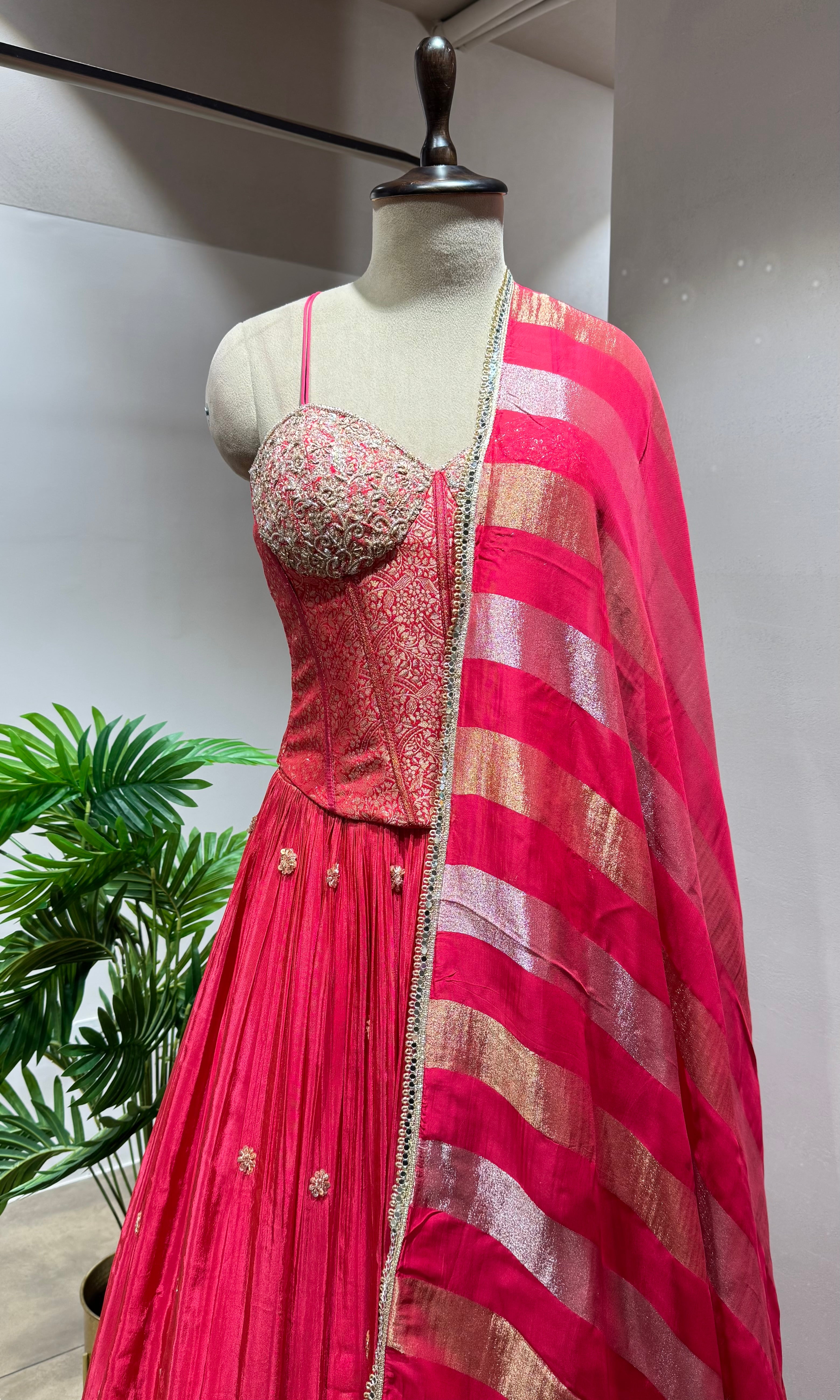 PINK Lehenga with Striped Dupatta & CORSET BLOUSE
