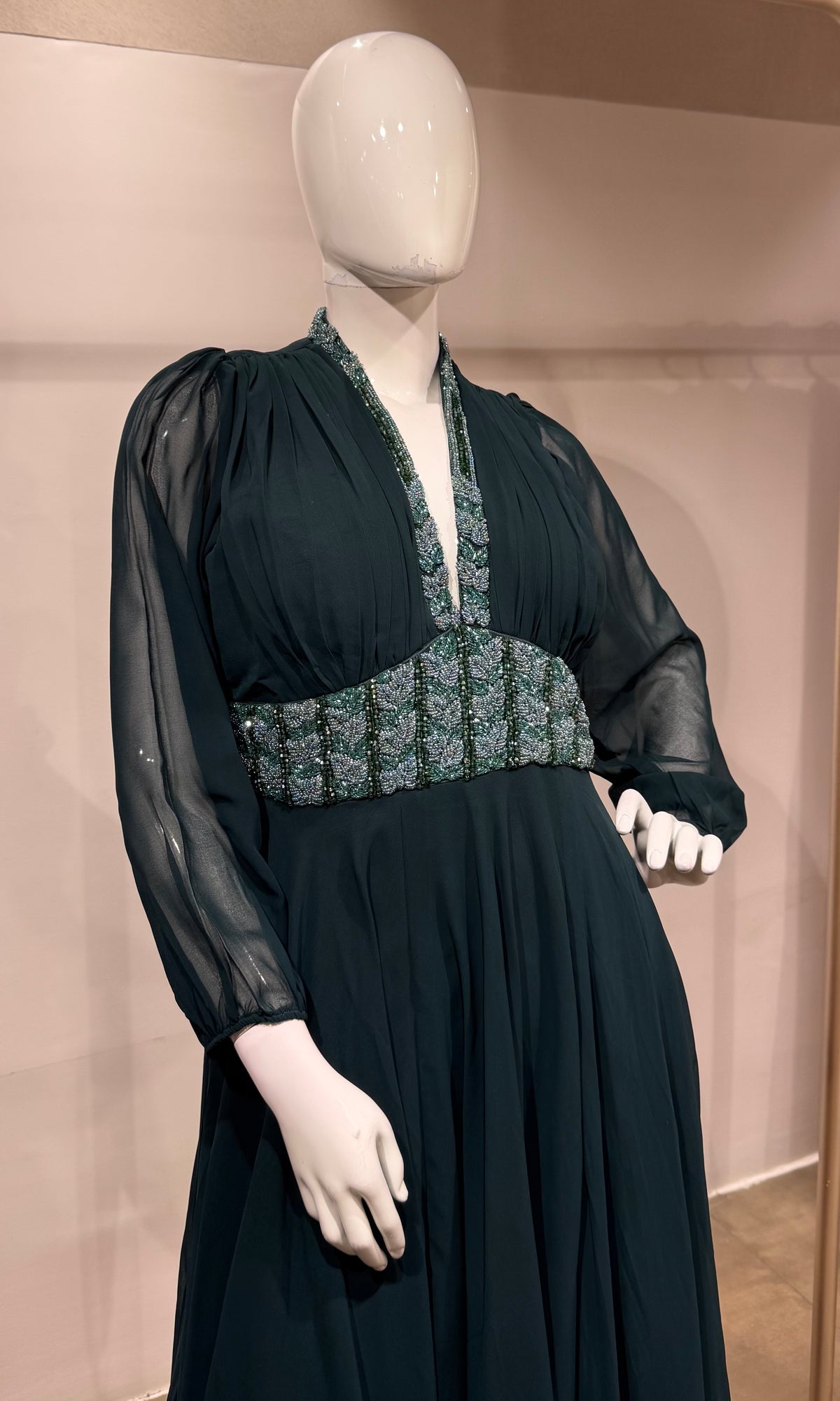 GREEN Georgette Gown with Silver Embroidery