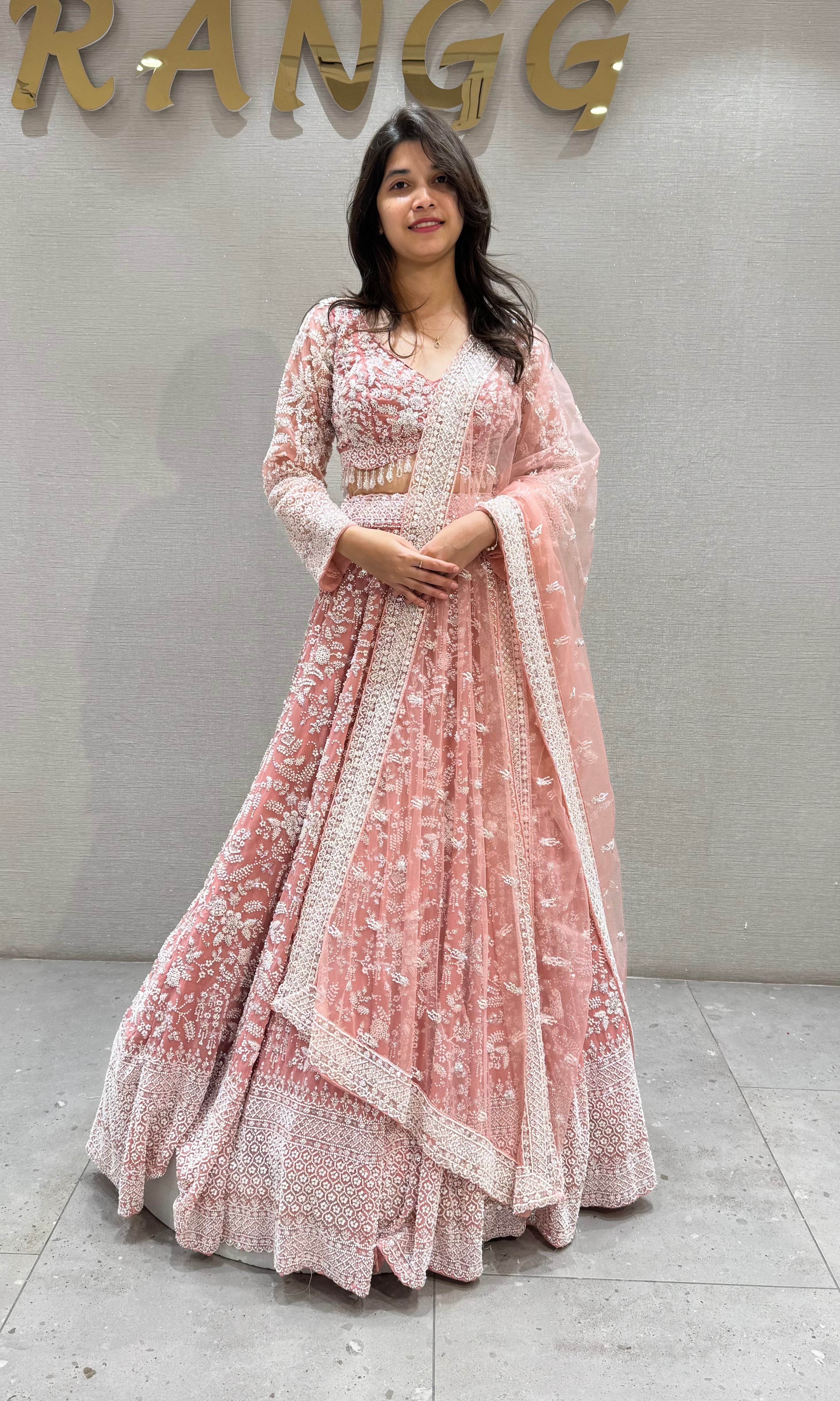 PEACH Net Lehenga with Intricate Sequins