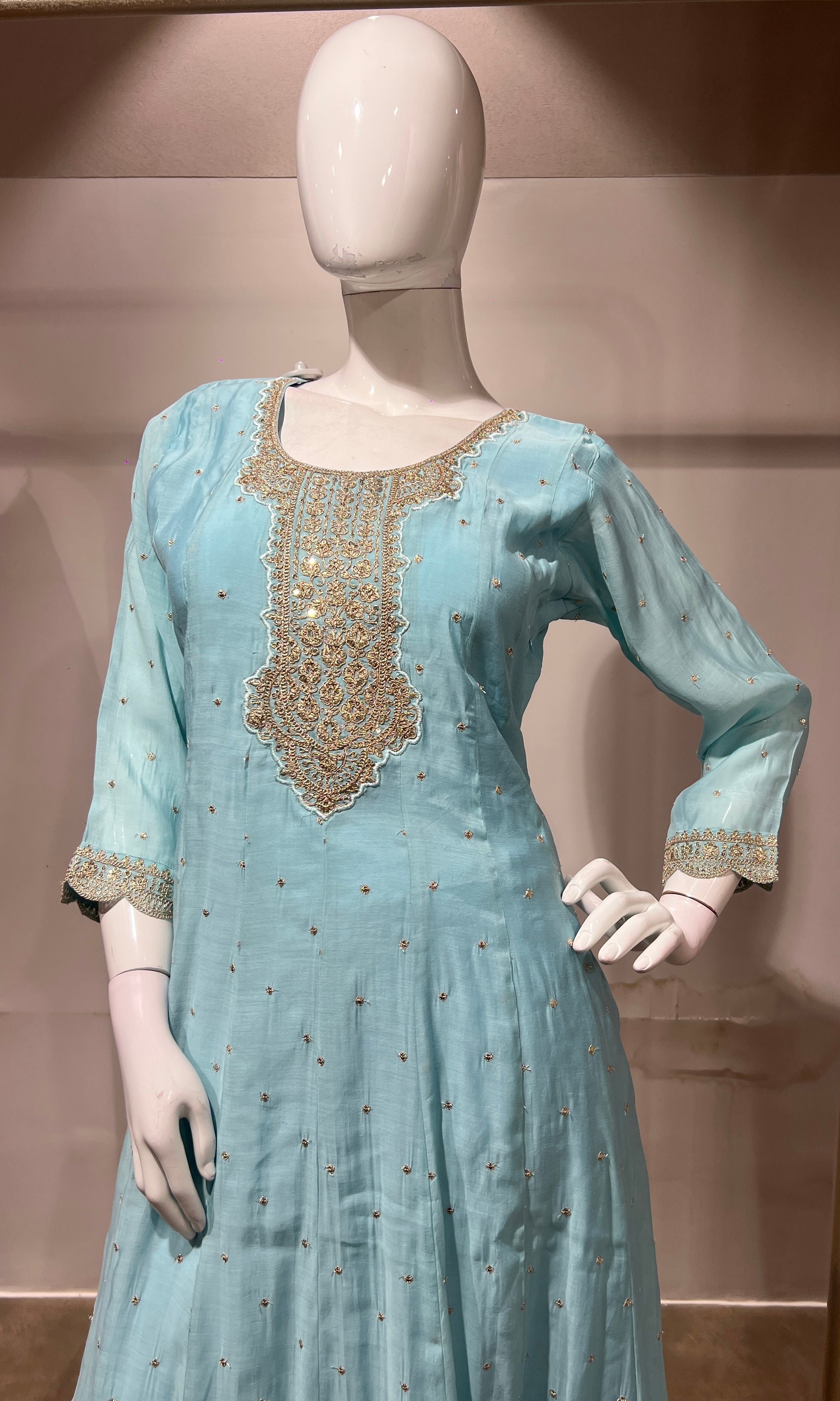 Sky Blue Embroidered Anarkali Suit Set