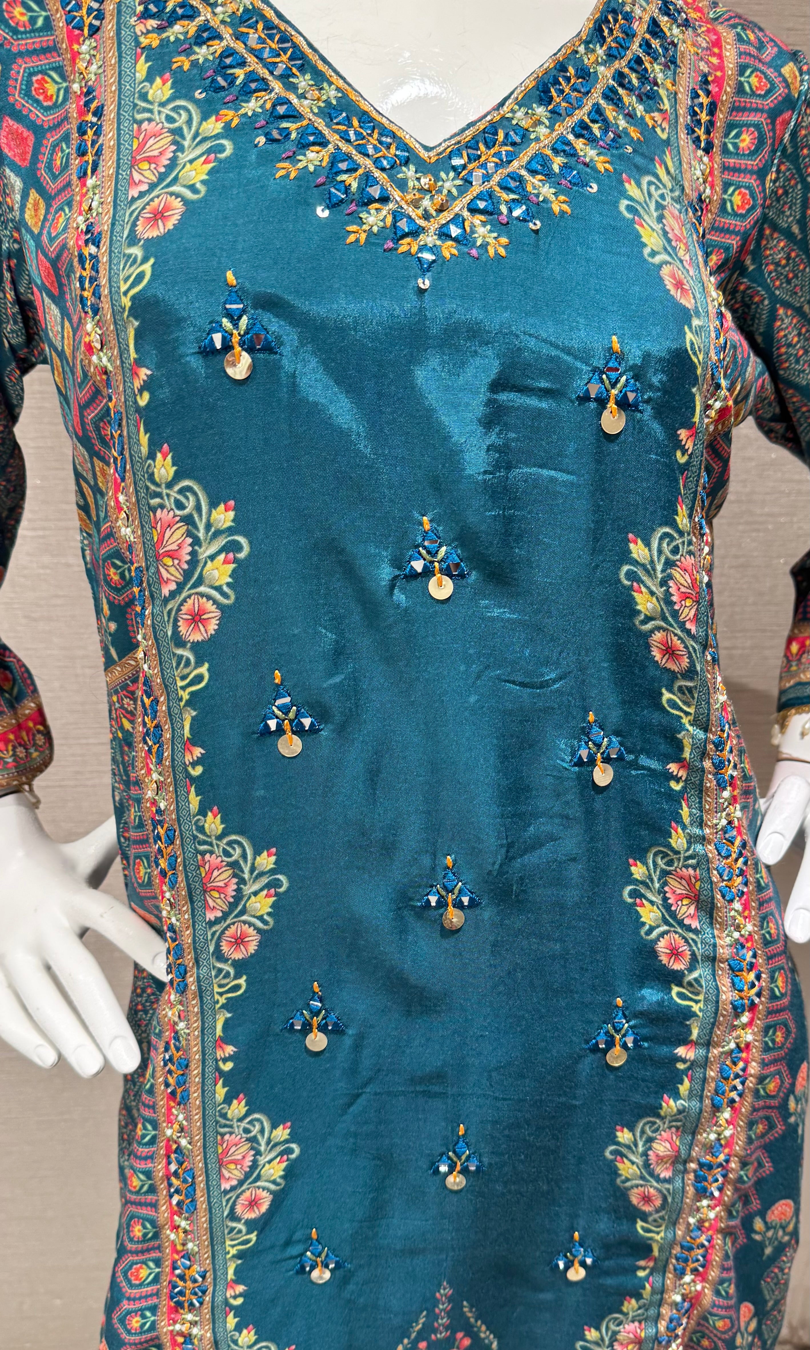 Sea green Embroidered Salwar Suit with Floral Dupatta
