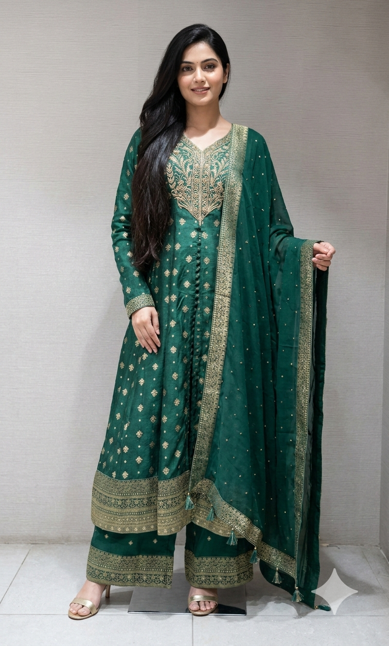 Green ANARKALI WITH PALAZZO PANTS
