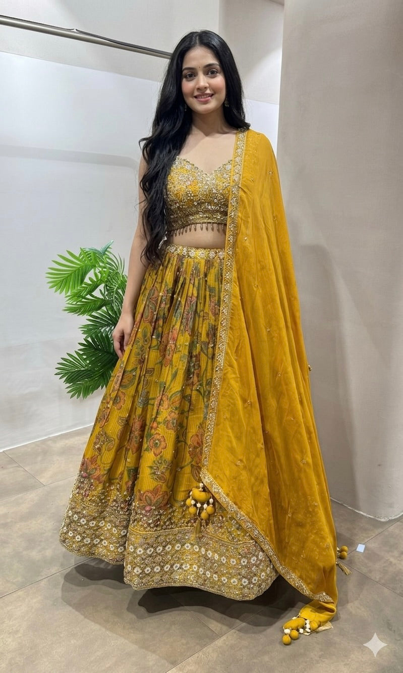 Mustard floral intricate embroidery Lehenga