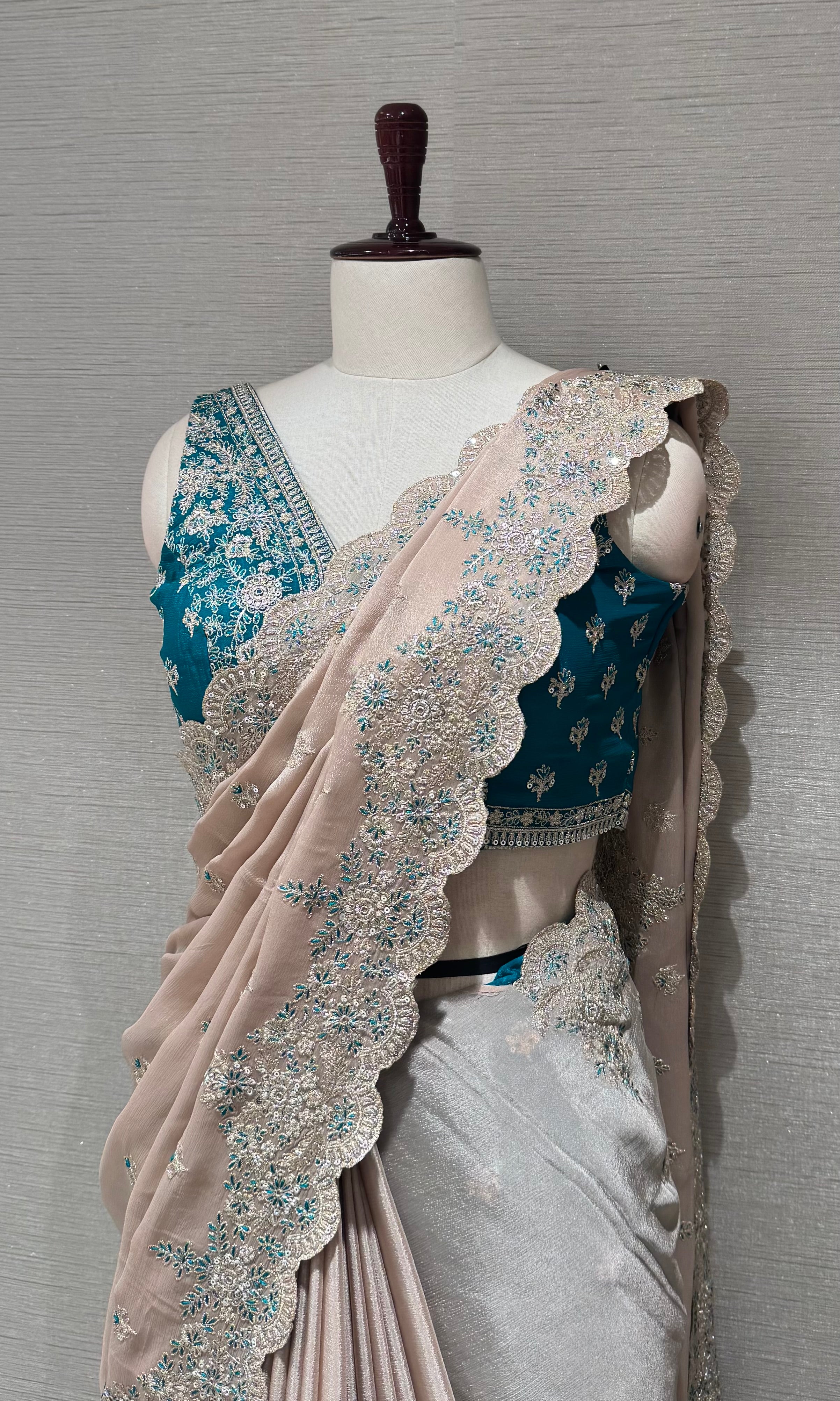 Champagne Silk Saree with Peacock Blue Blouse