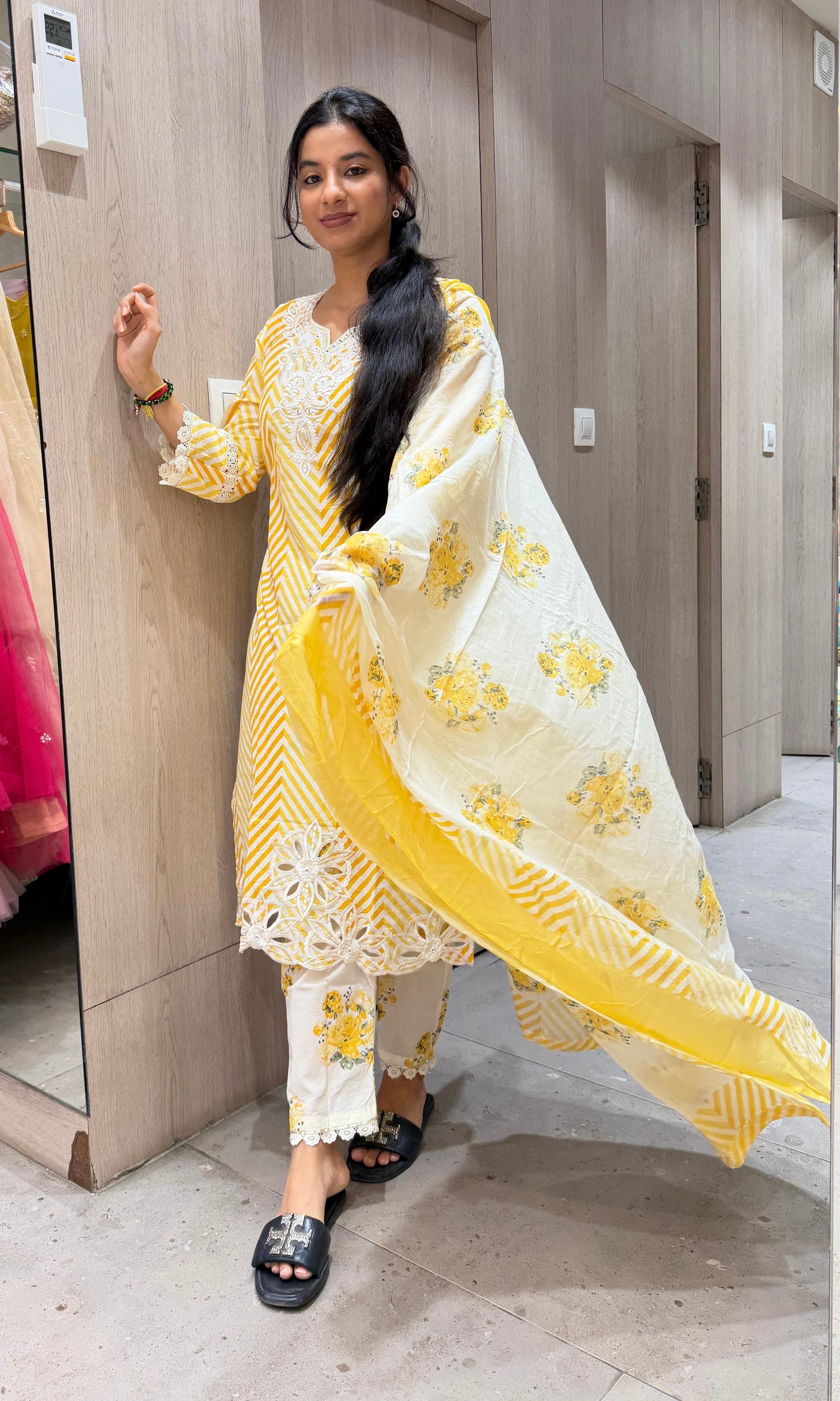Yellow FLORAL STRIPED PRINTED kurta set