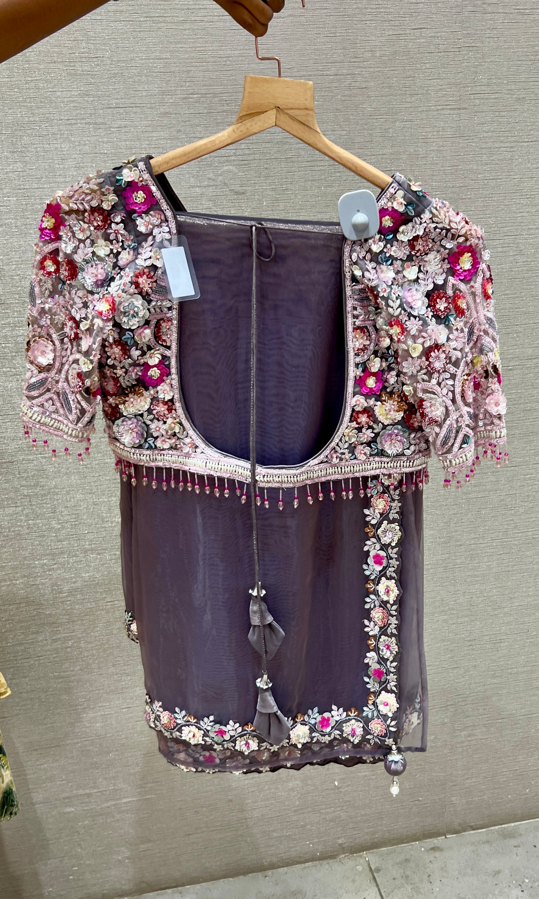 Lilac saree with embroidery ready blouse