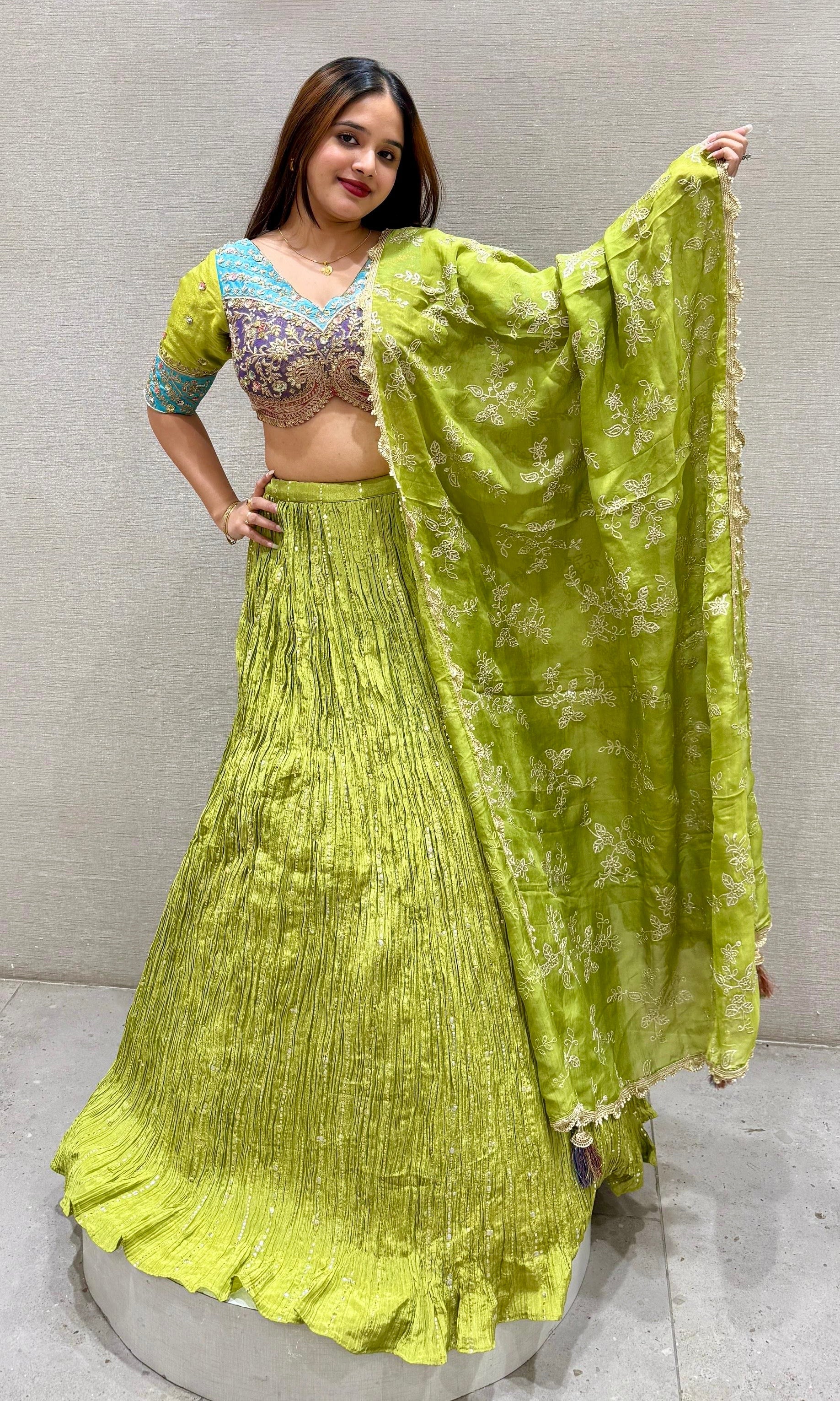 Parrot Green Intricate Embroidered Lehenga
