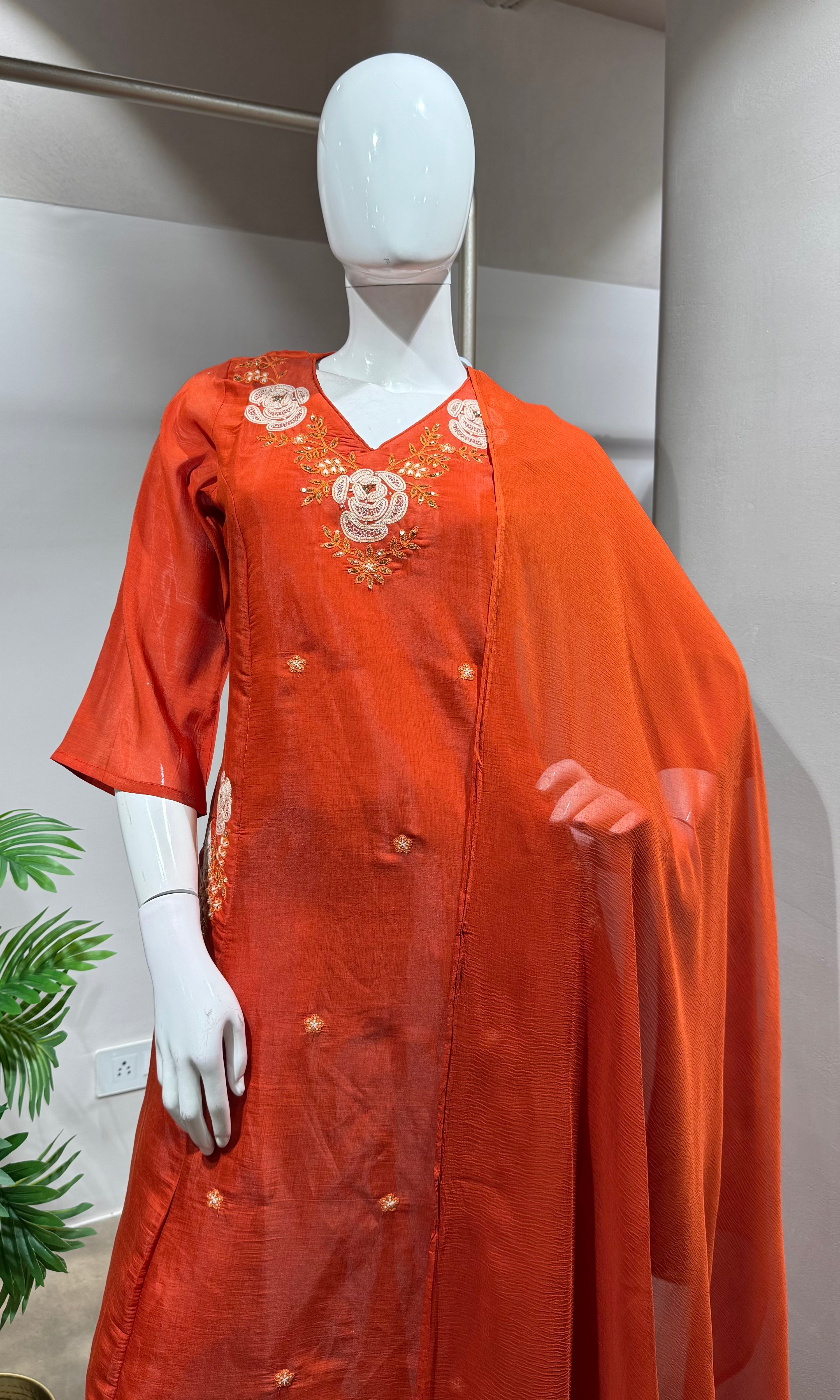 rust orange floral embroidered kurta set