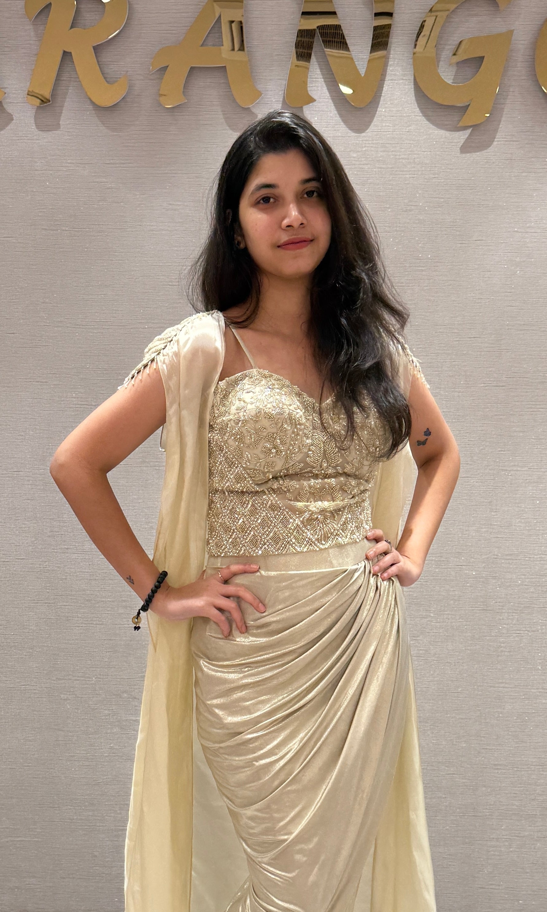 Ivory gold Draped Skirt Set with cape