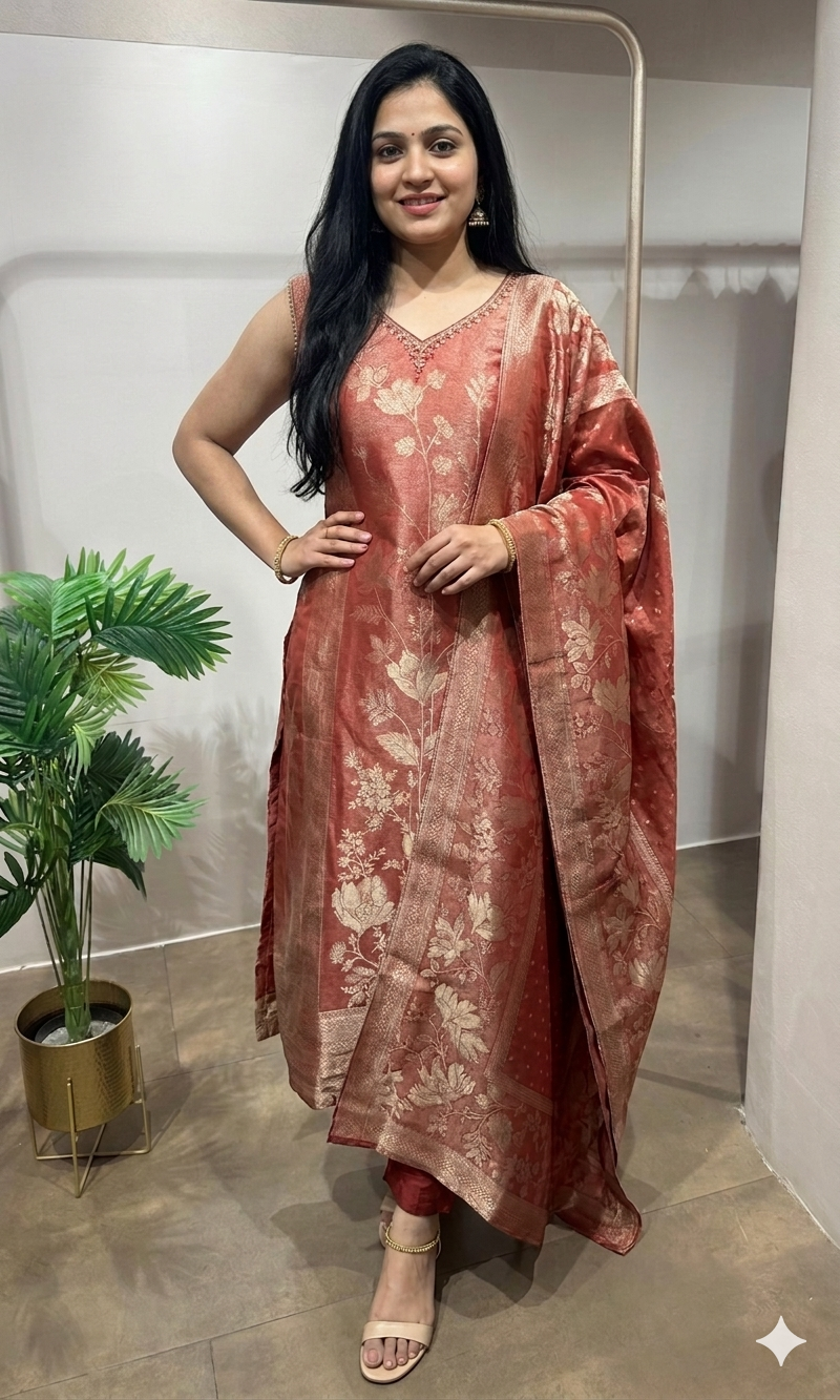 Maroon floral banarasi kurta set