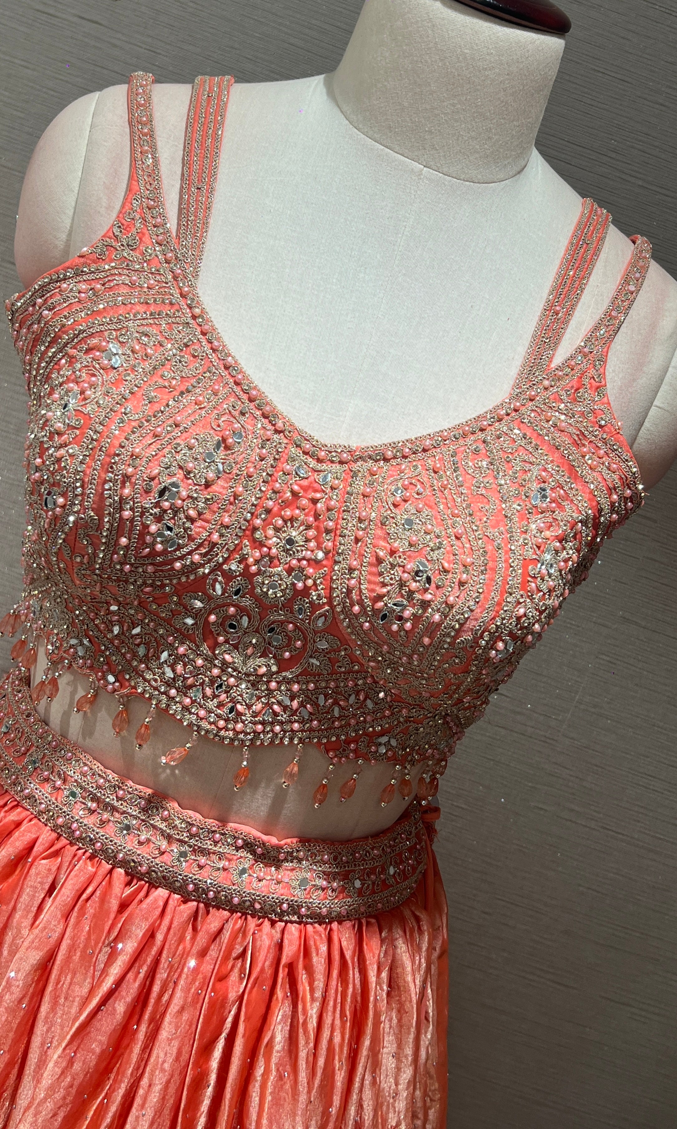 Peach embroidered silk Lehenga