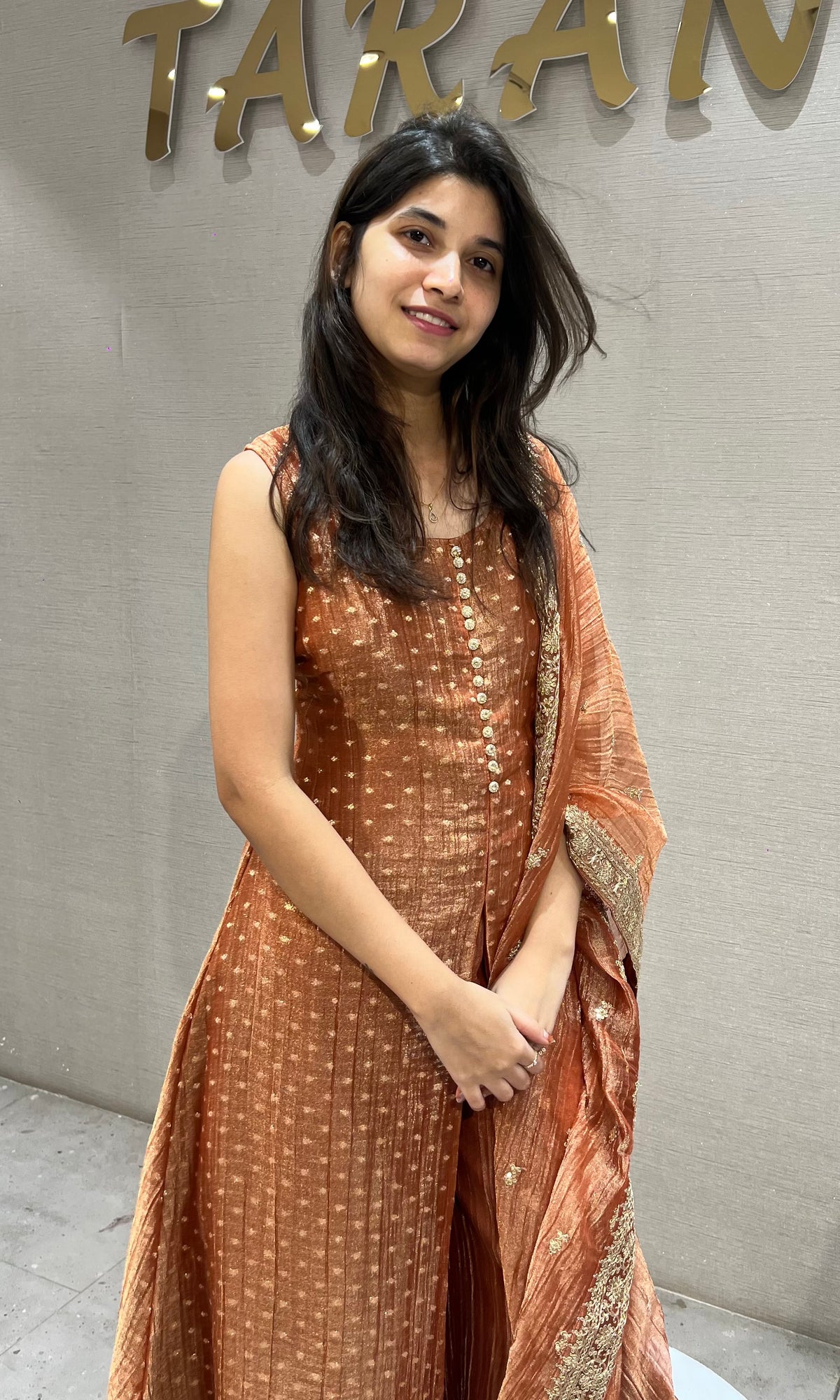 Rust Orange Embroidered Anarkali Set with Sheer Dupatta
