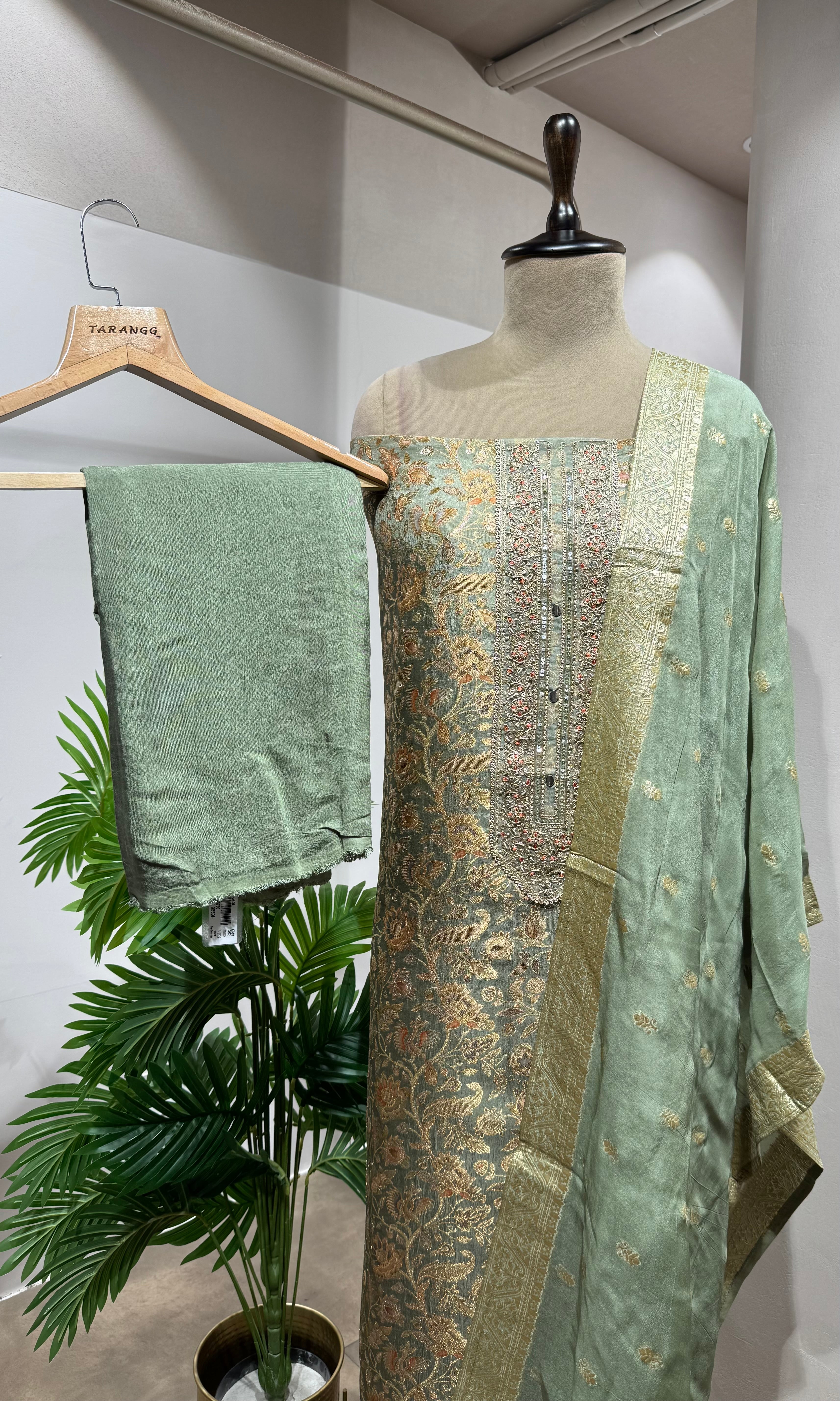 PISTA GREEN BANARASI SILK DRESS MATERIAL