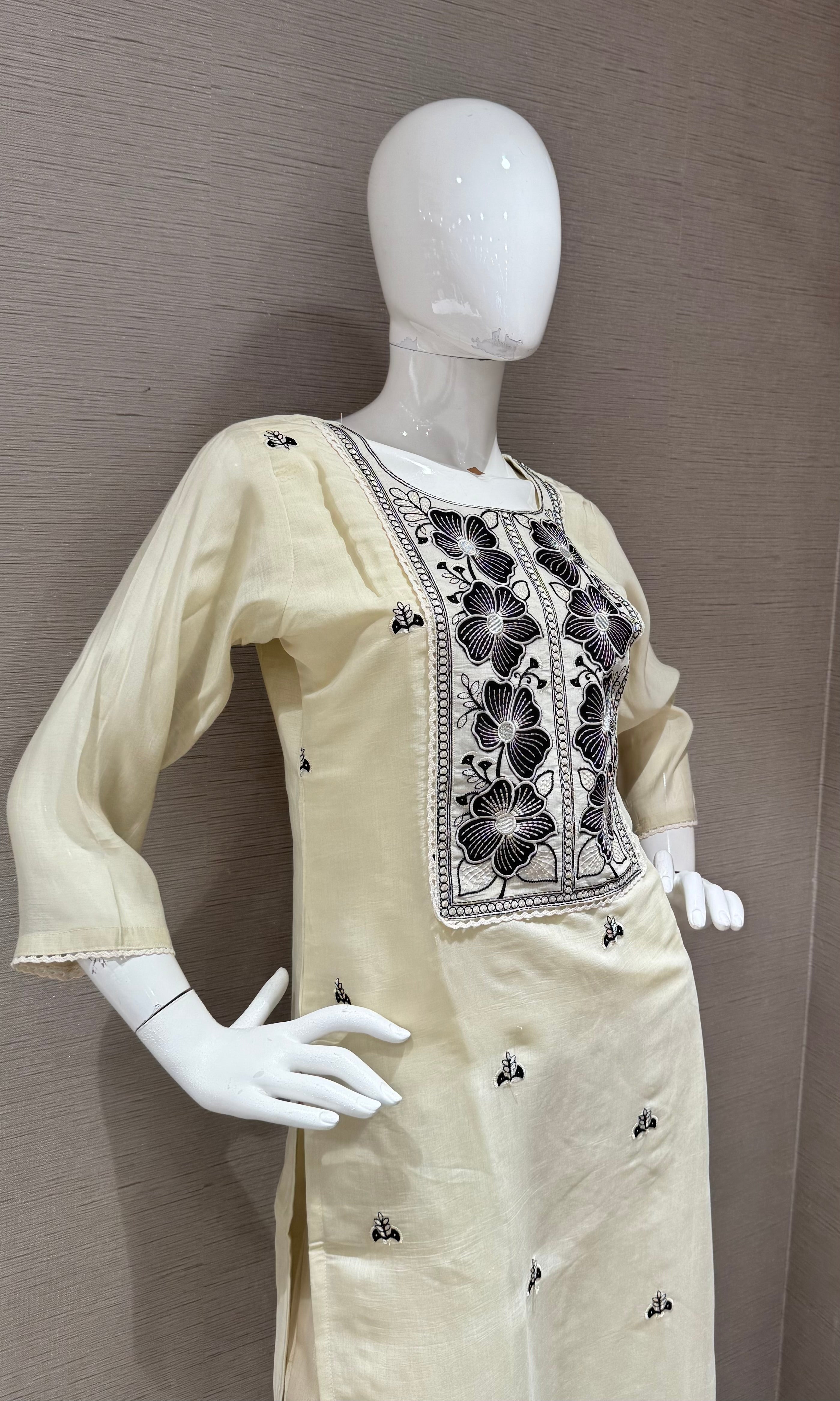 Cream & Black Embroidered Kurta set