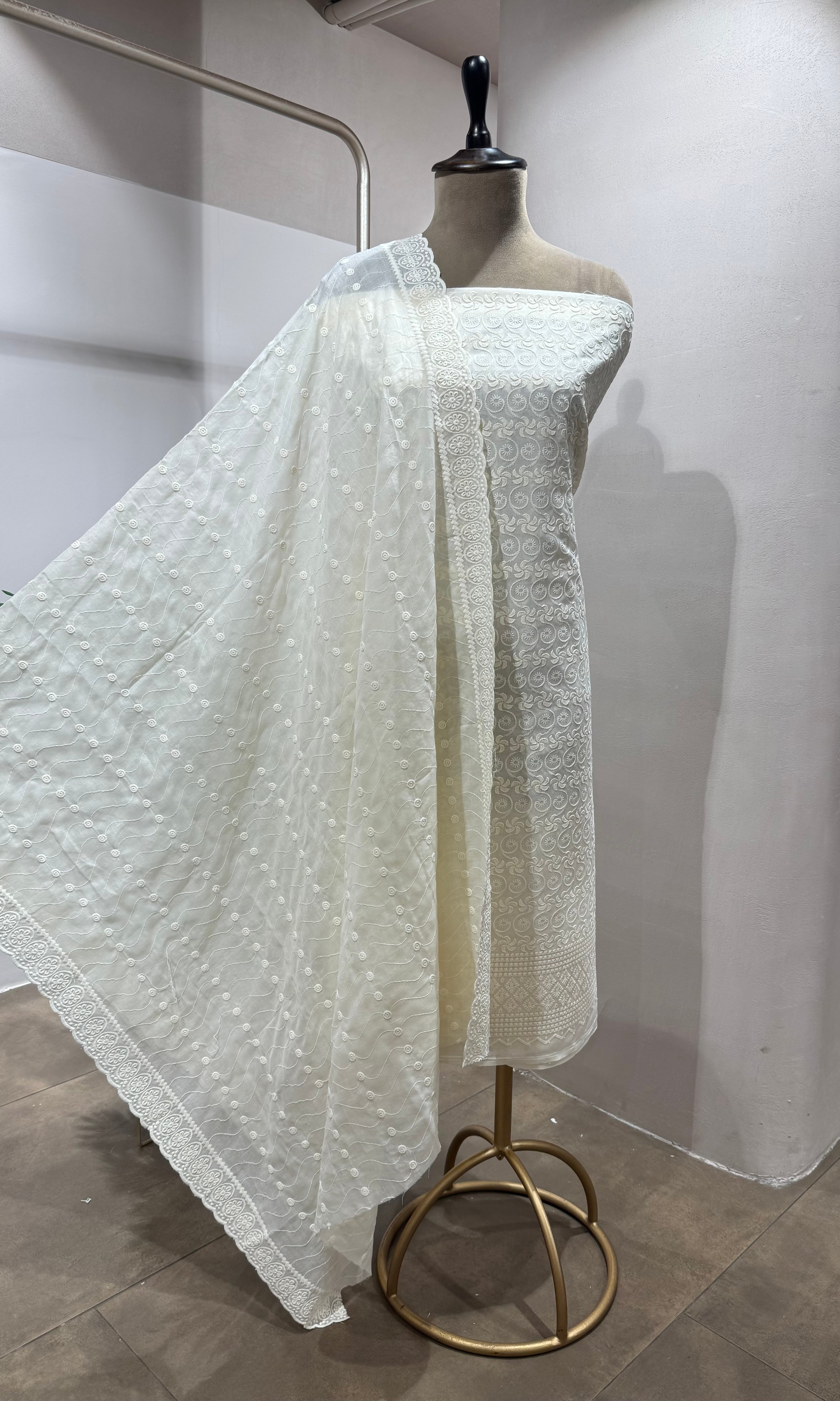 CREAM CHIKANKARI DRESS MATERIAL