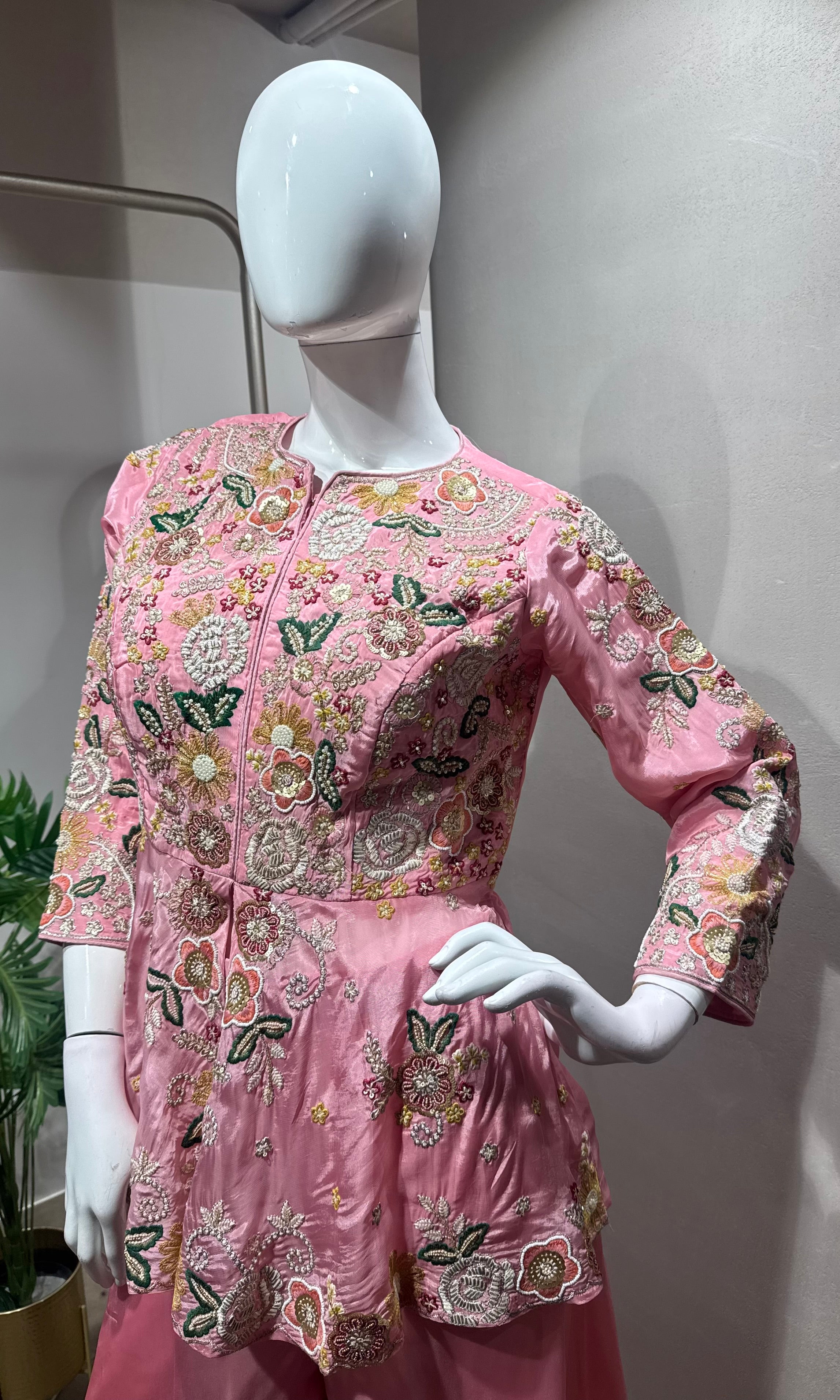 Rose Pink Floral Embroidered Palazzo Set