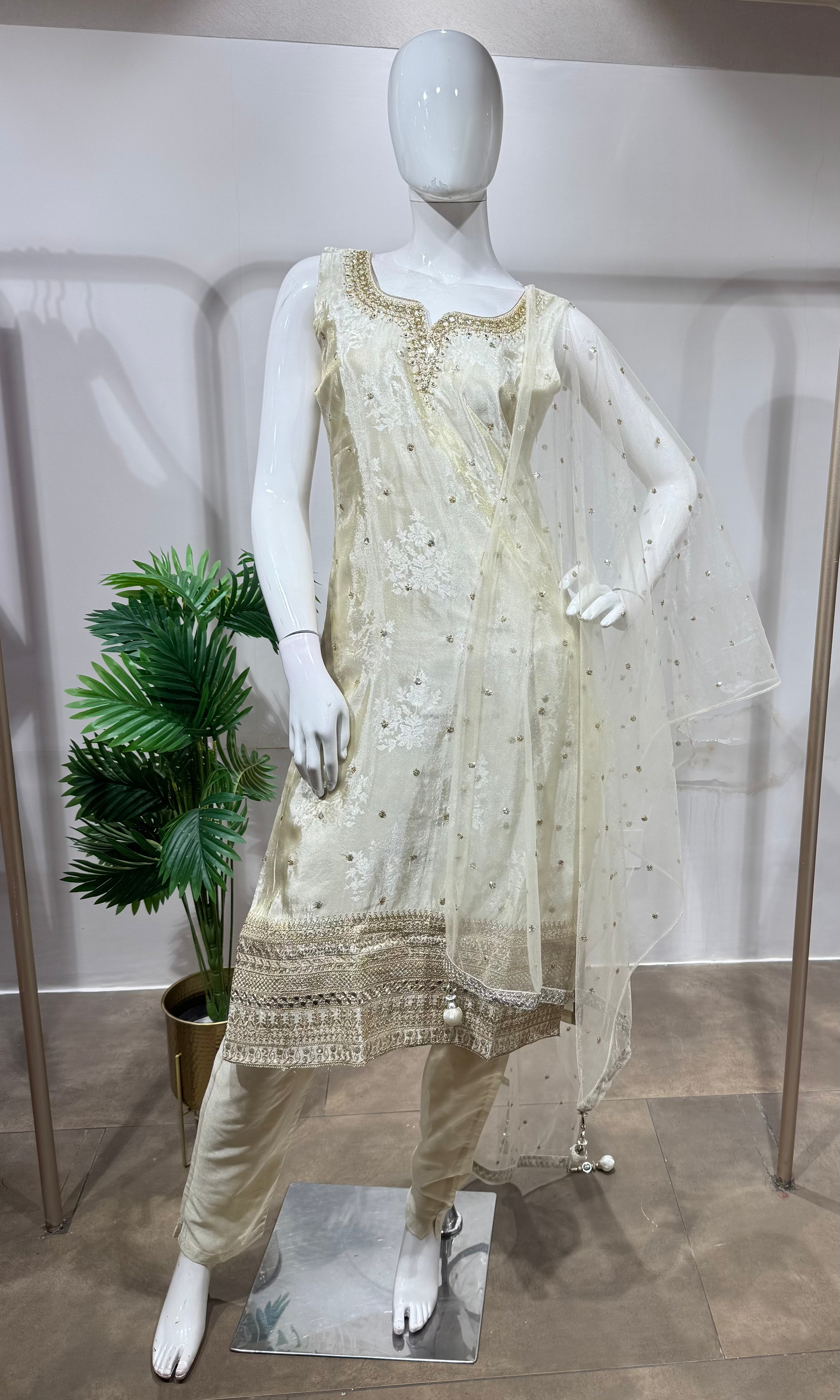 Cream & Gold Floral Embroidered Kurta with Dupatta