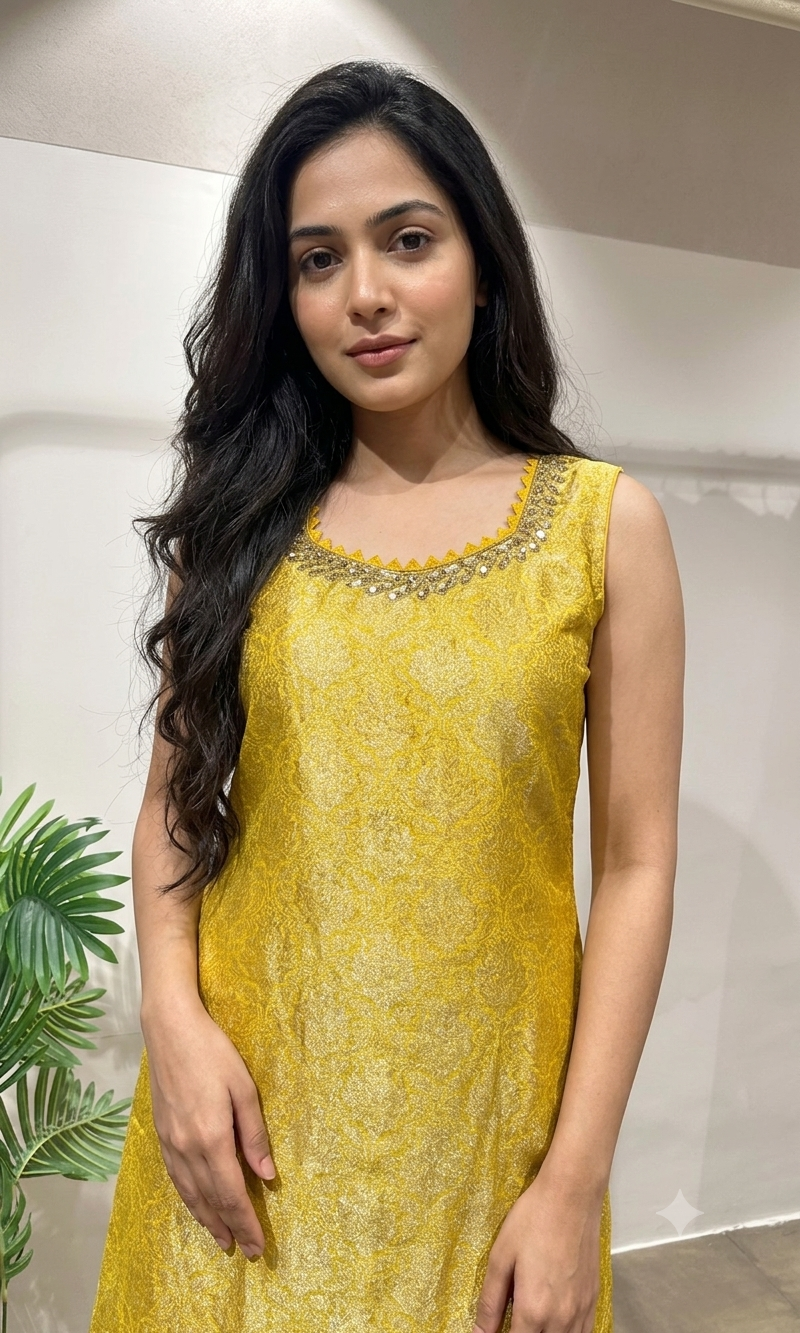 Yellow Banarasi embroidered kurta set