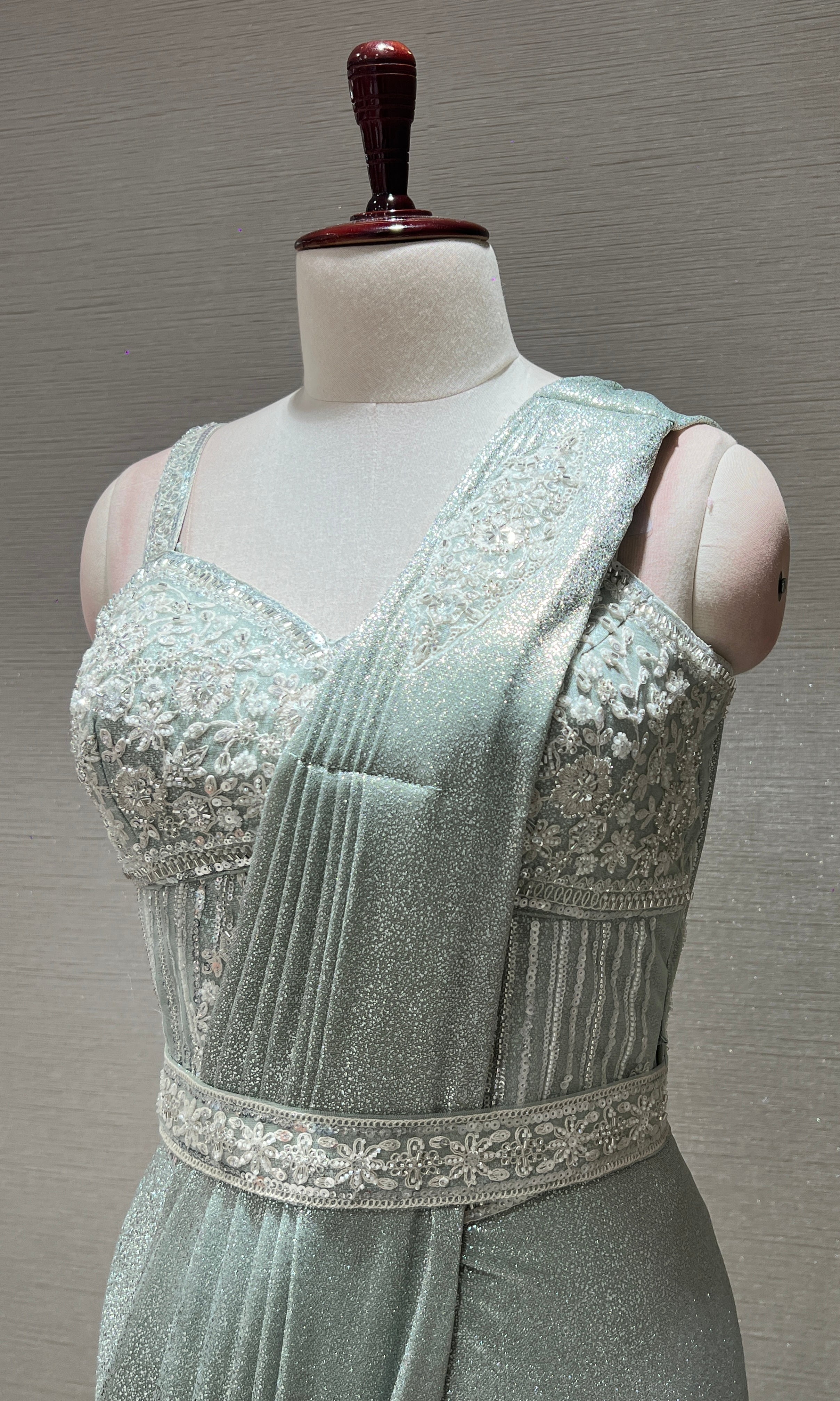 GREEN EMBELLISHED DRAPE SAREE WITH BELT