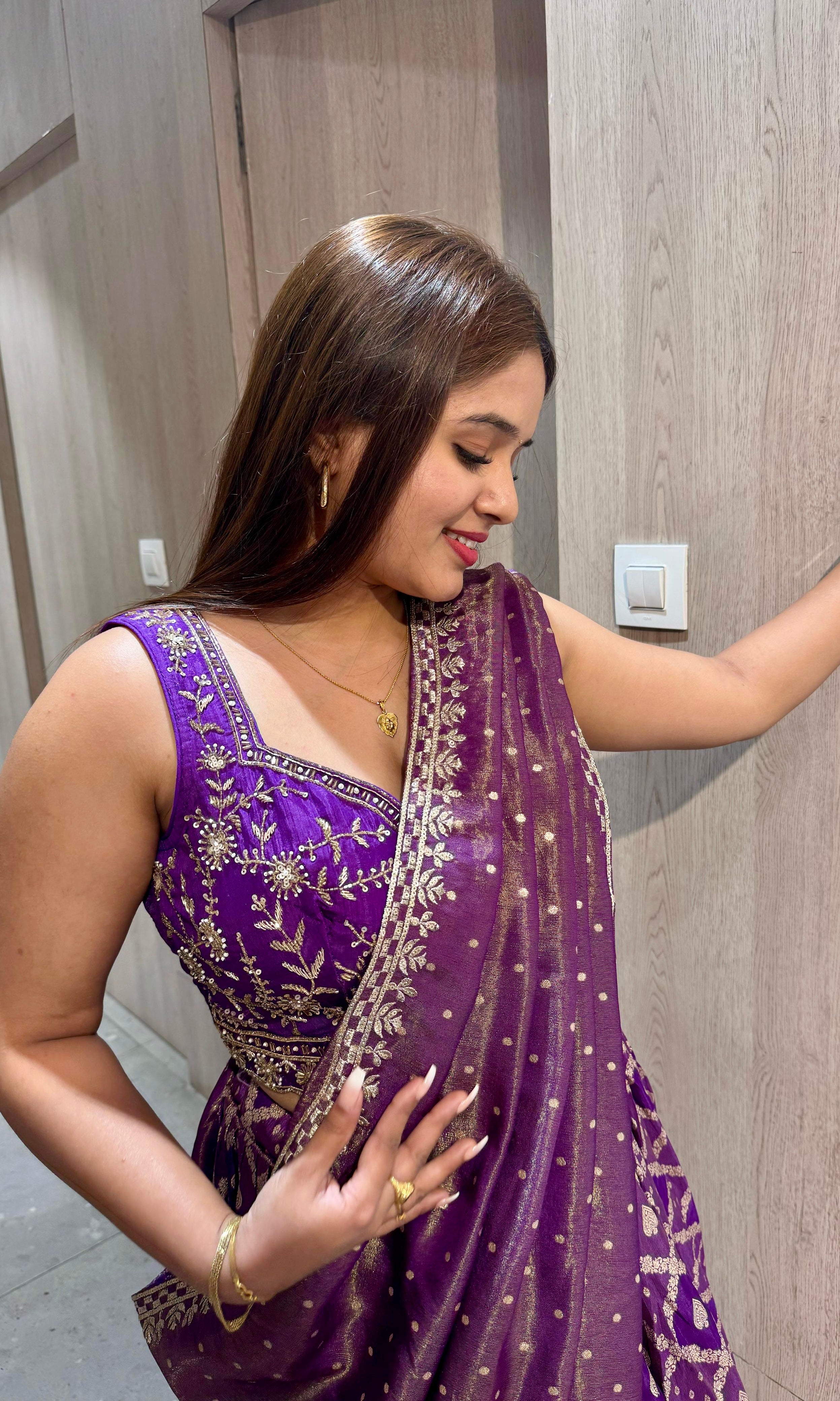 Purple shimmer Banarasi croptop Lehenga