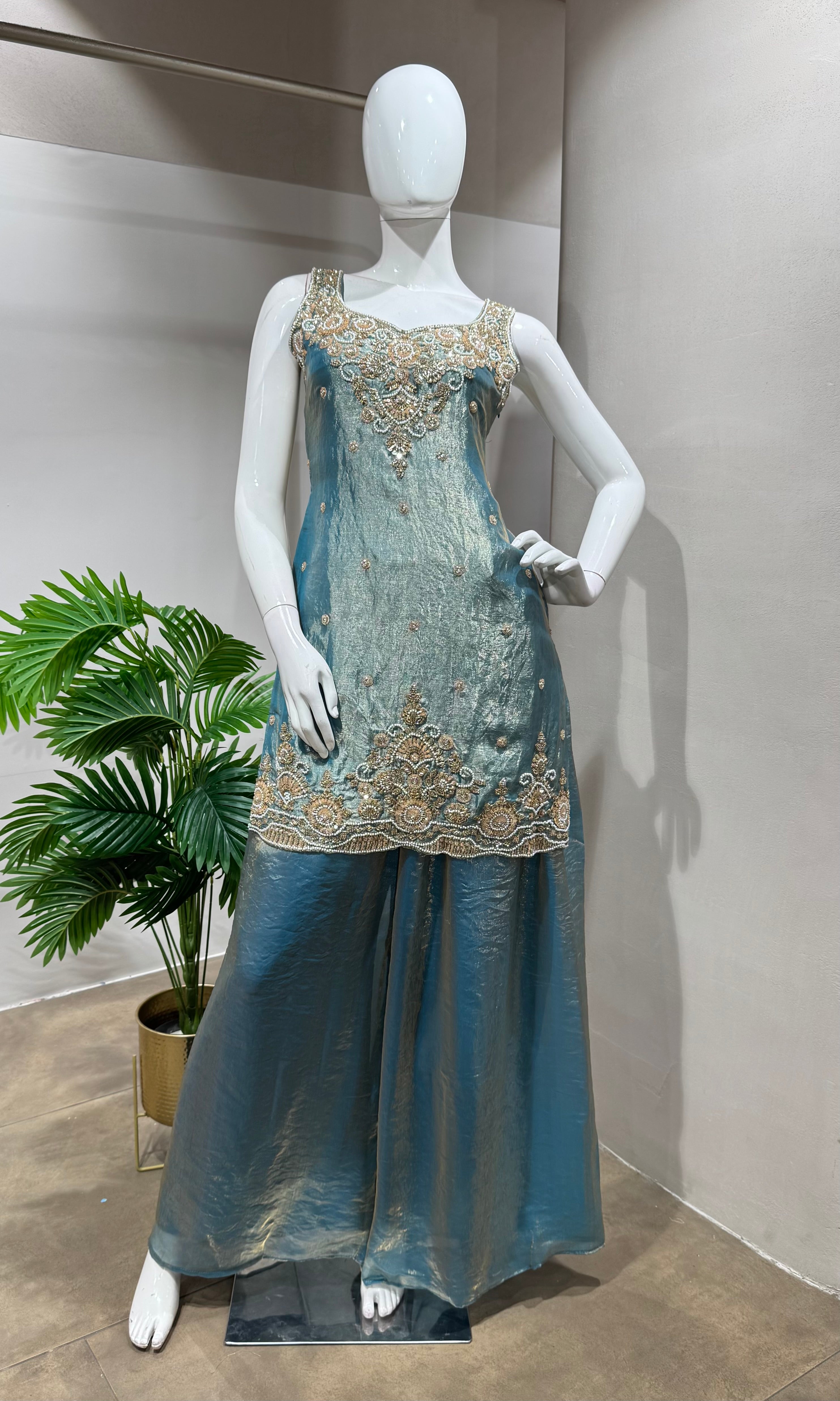 Blue Tissue golden embroidered Sharara Set