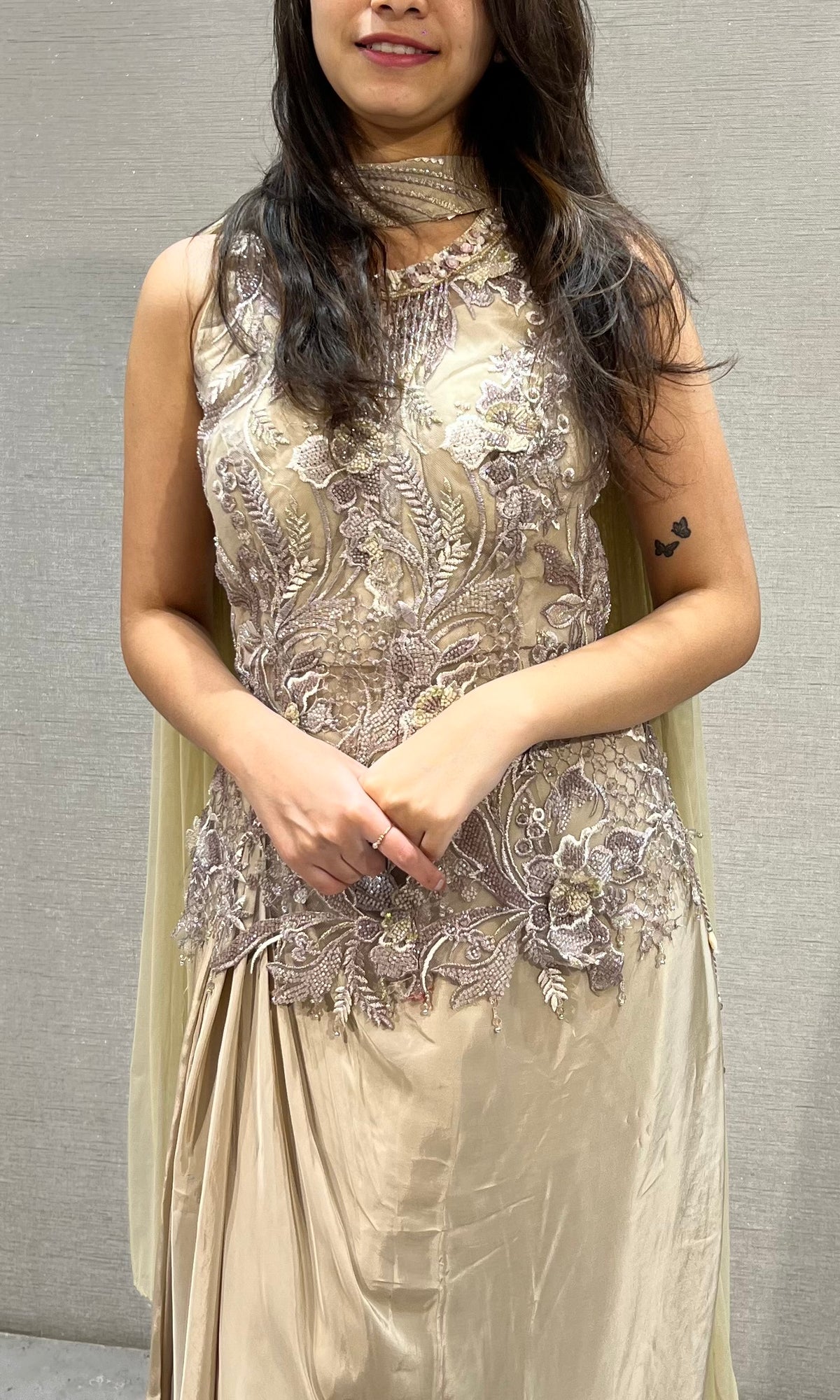 Fawn silk satin Gold Corset Draped Skirt