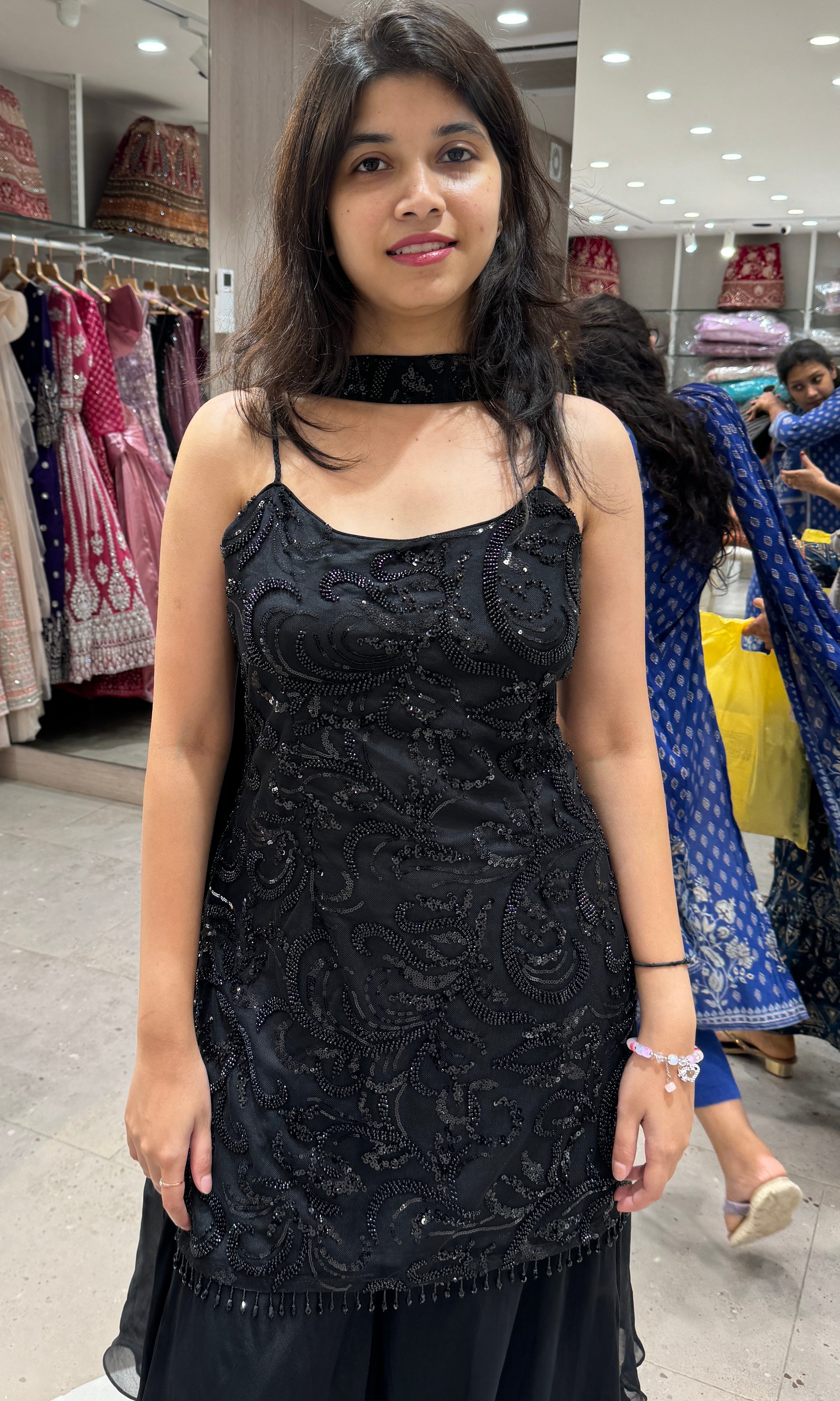 Black on black Sequins palazzo set with choker long asymmetrical dupatta
