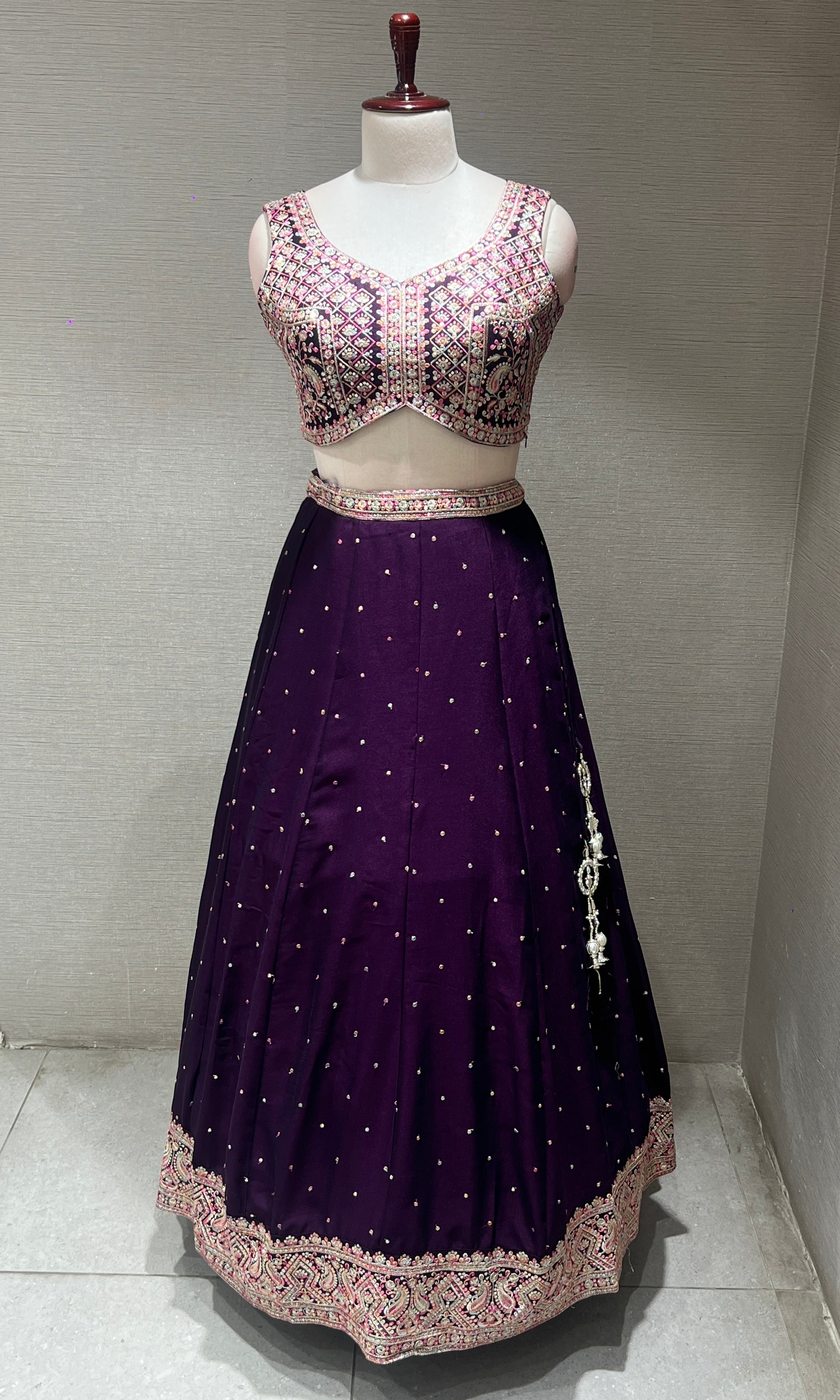 Wine Mirrorwork Embroidered Lehenga Set