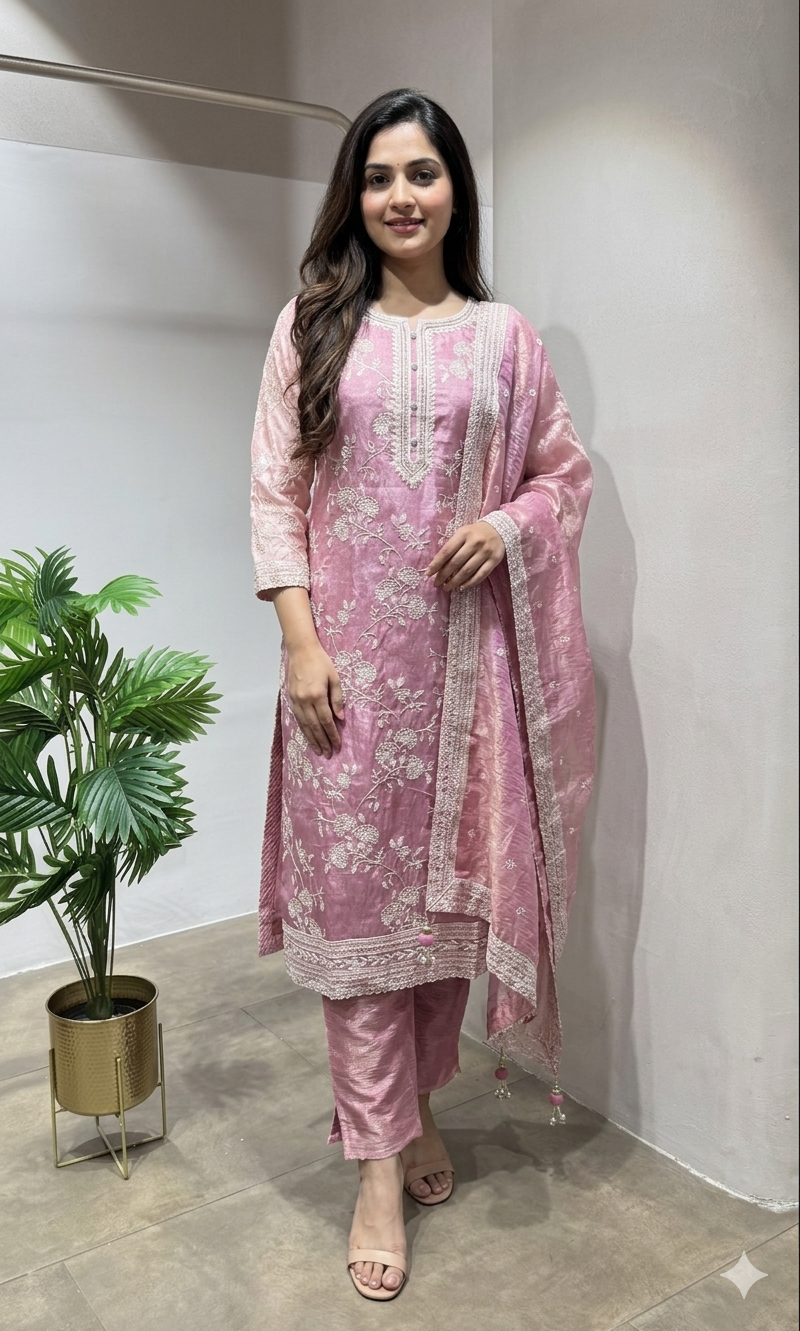 Onion pink floral thread embroidery kurta set