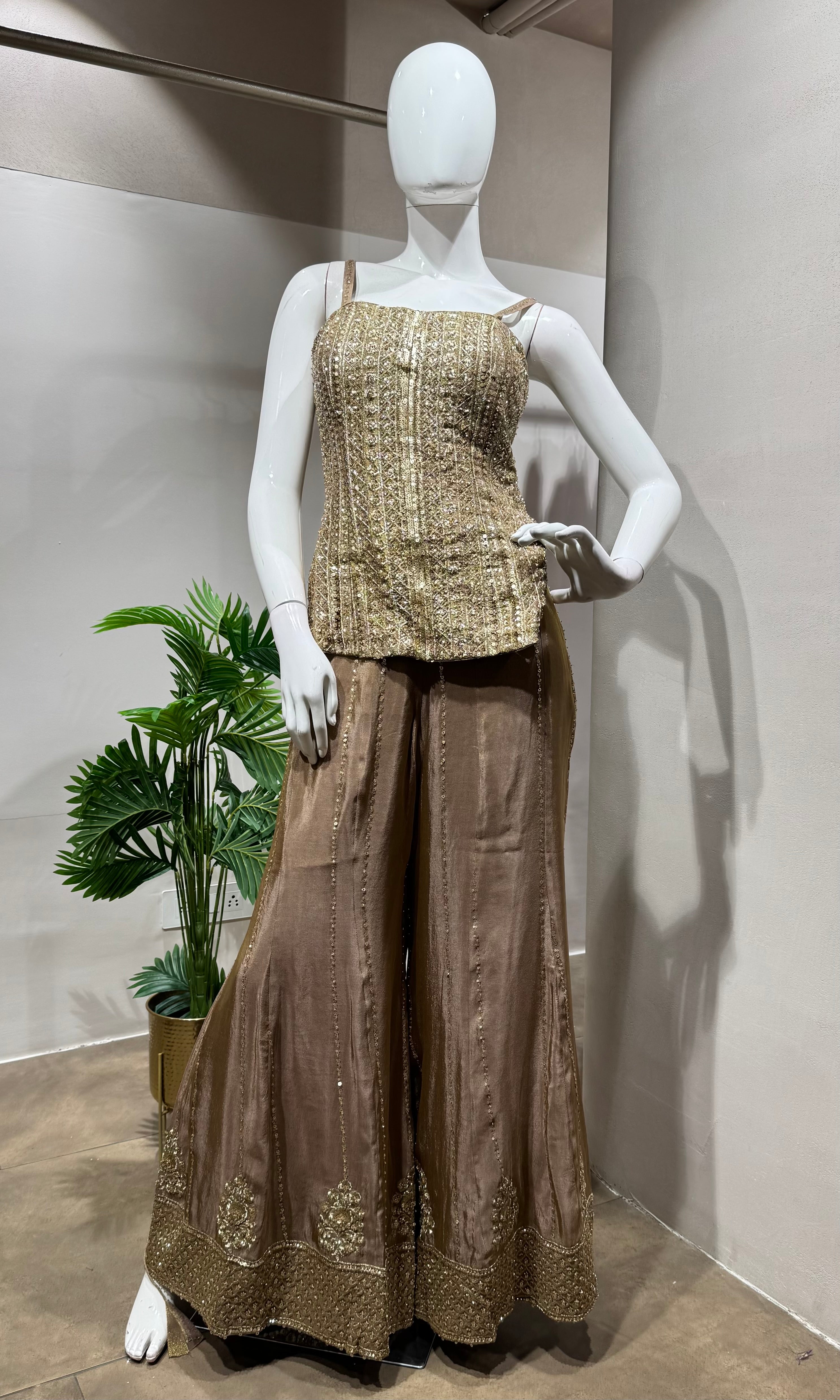gold mirror work embroidered sharara set