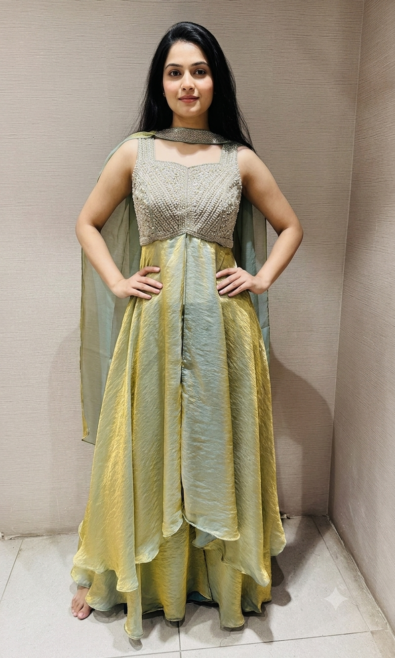 Green embroidered shimmer tissue palazzo set