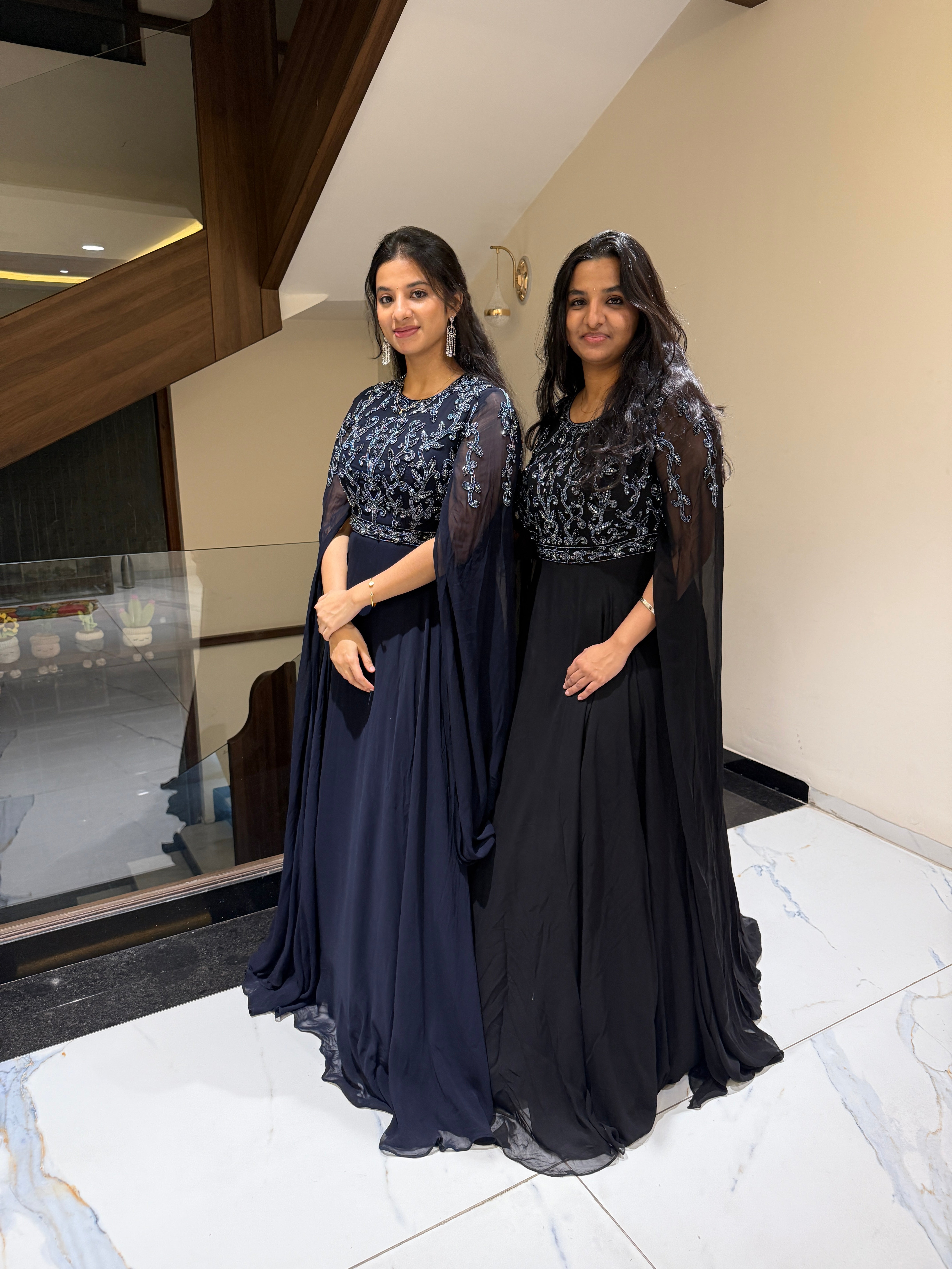 Blue gown with Rhine stones and long sleeves long dress