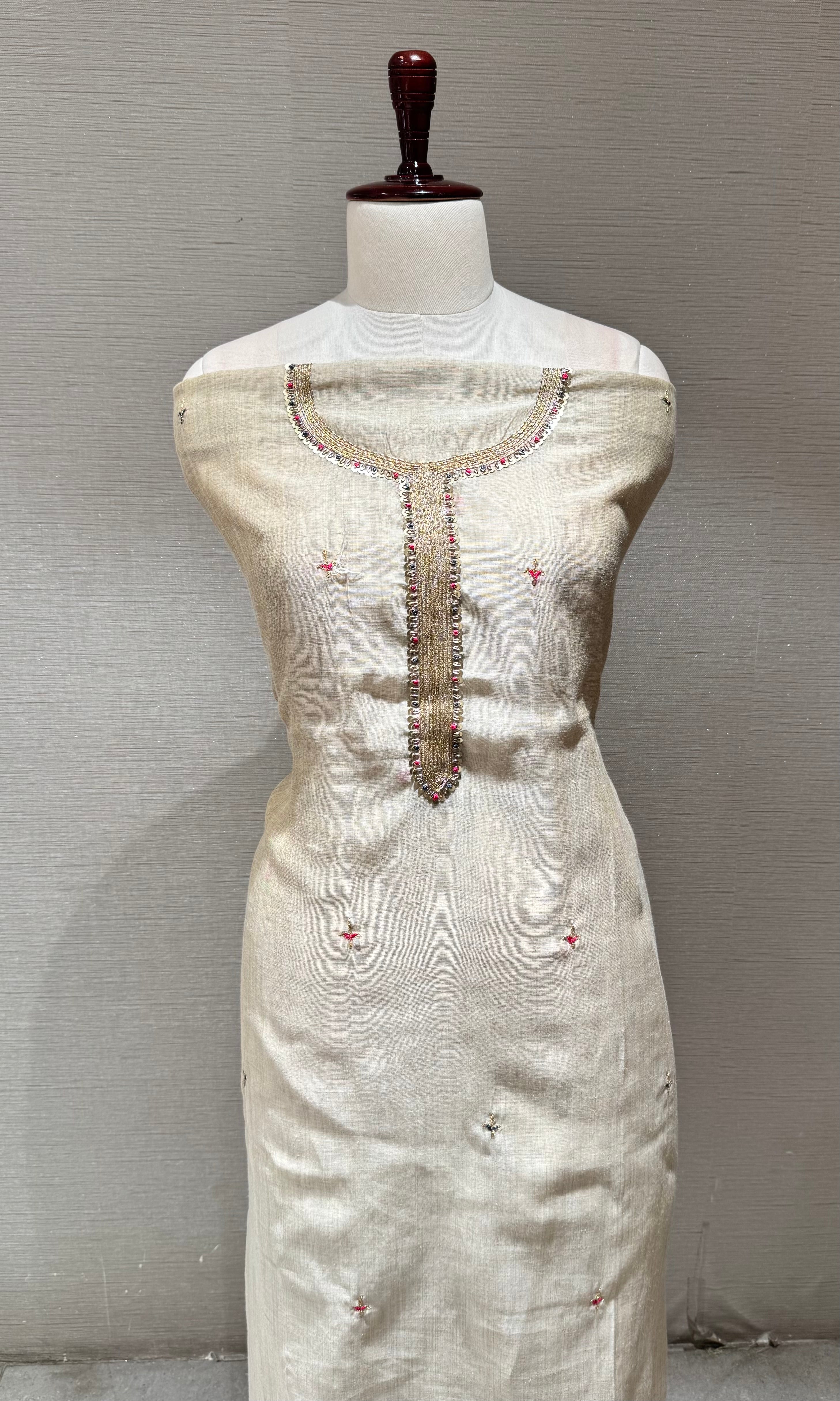 Beige & Pastel Pink Print Dress Material