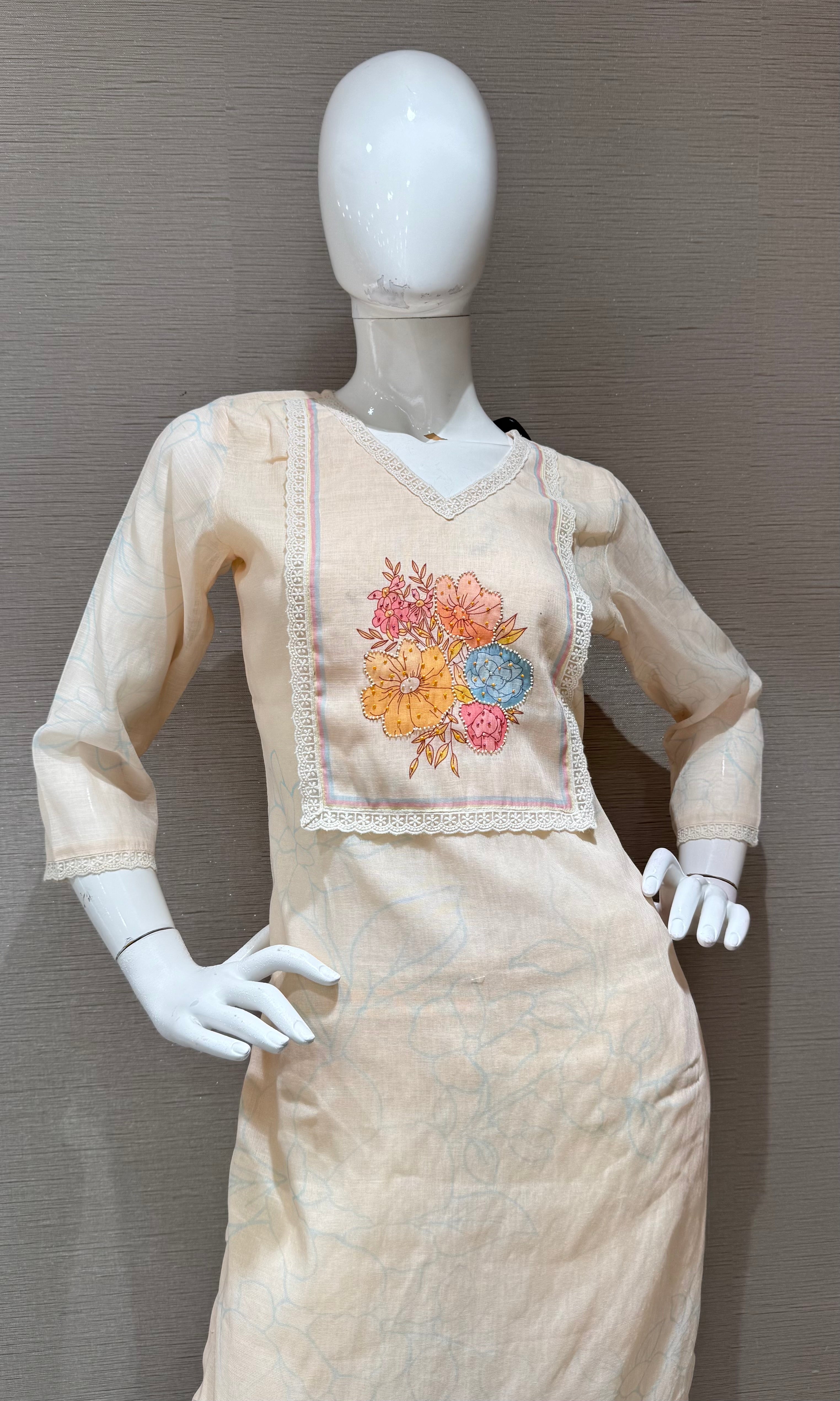 Peach Straight Kurta Set with Multicolor Pastel Panel dupatta