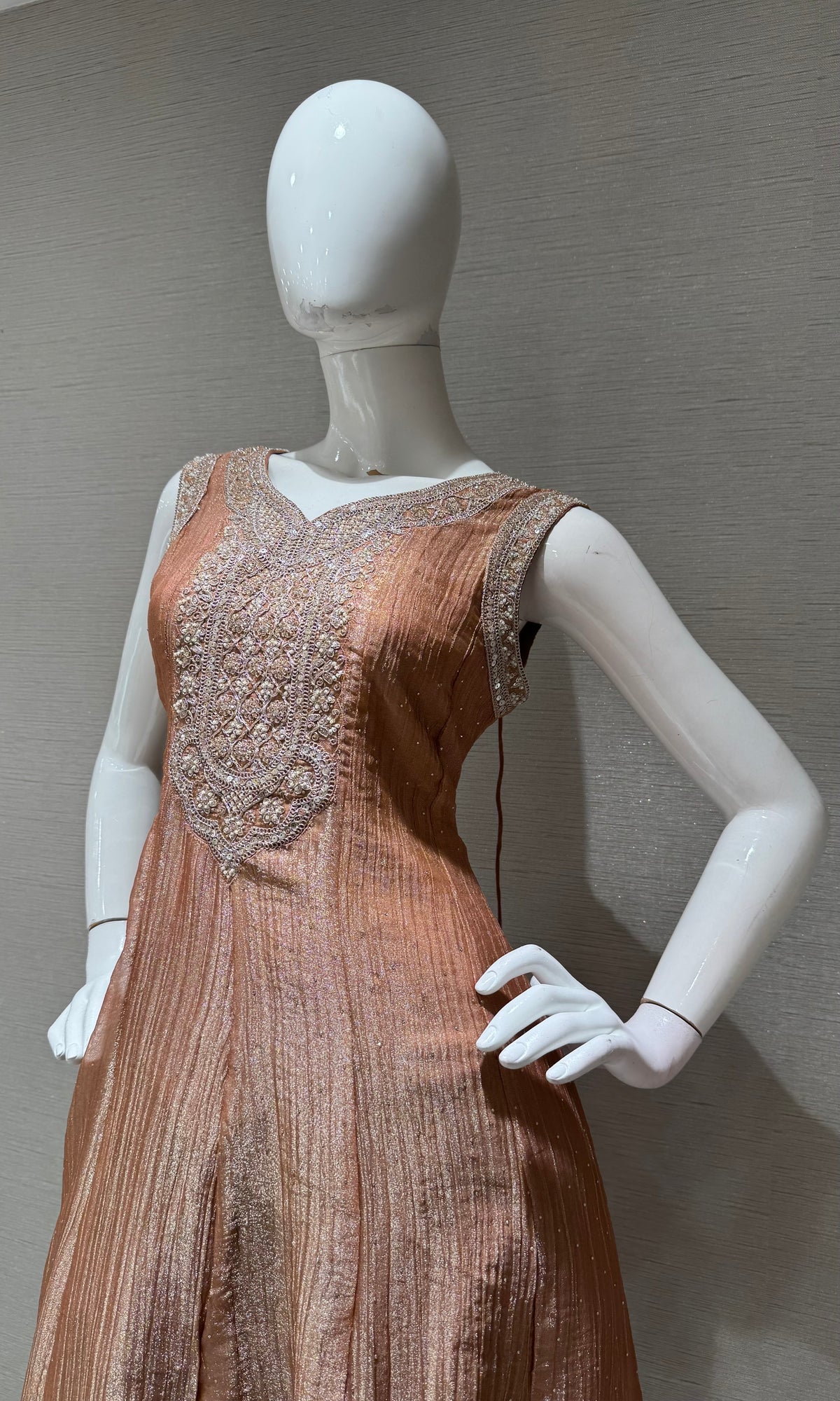 Peach Shimmer Golden Embroidered Kurta Set with dupatta