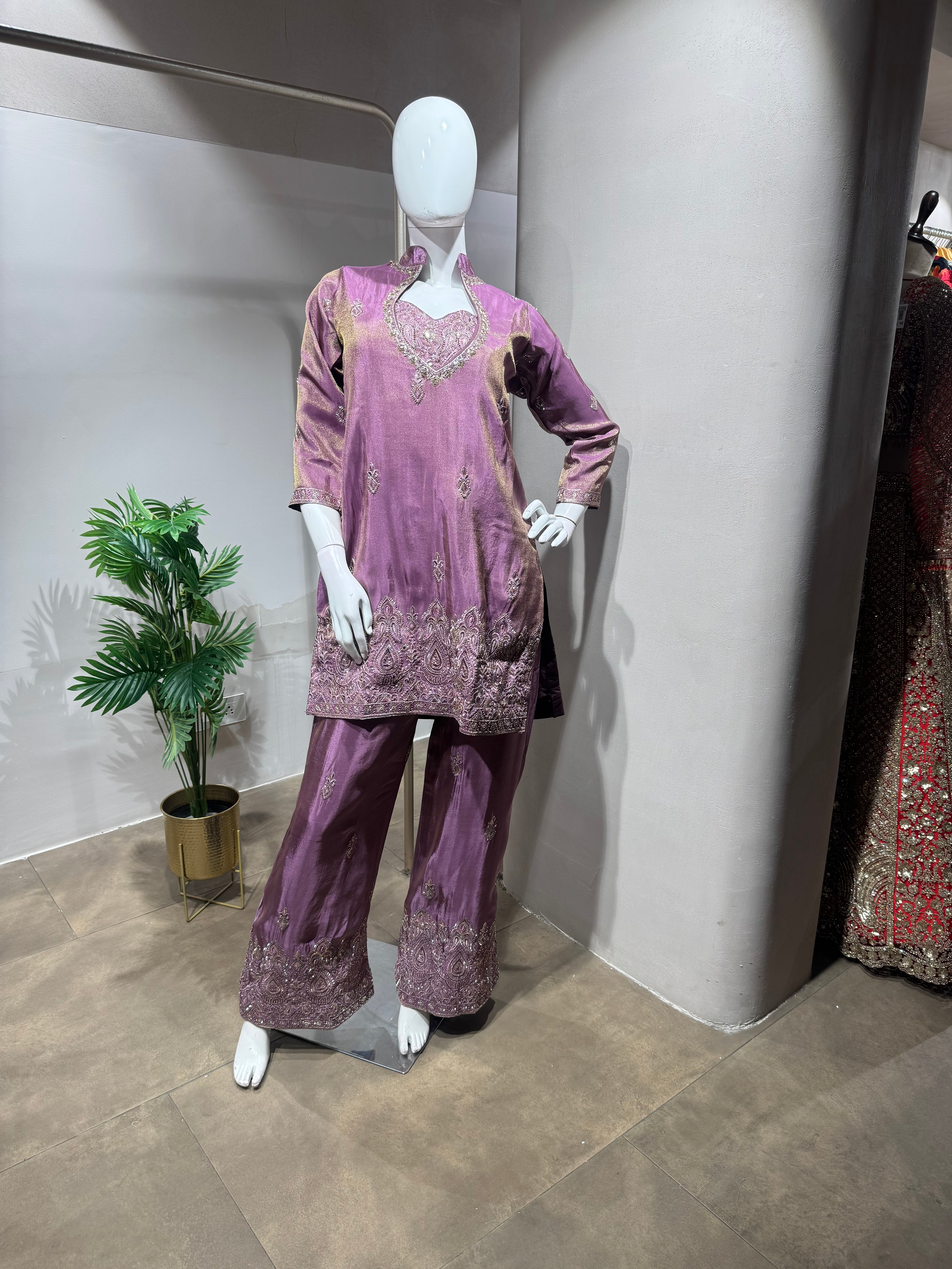 Purple shimmer tissue salwar with farsi pants