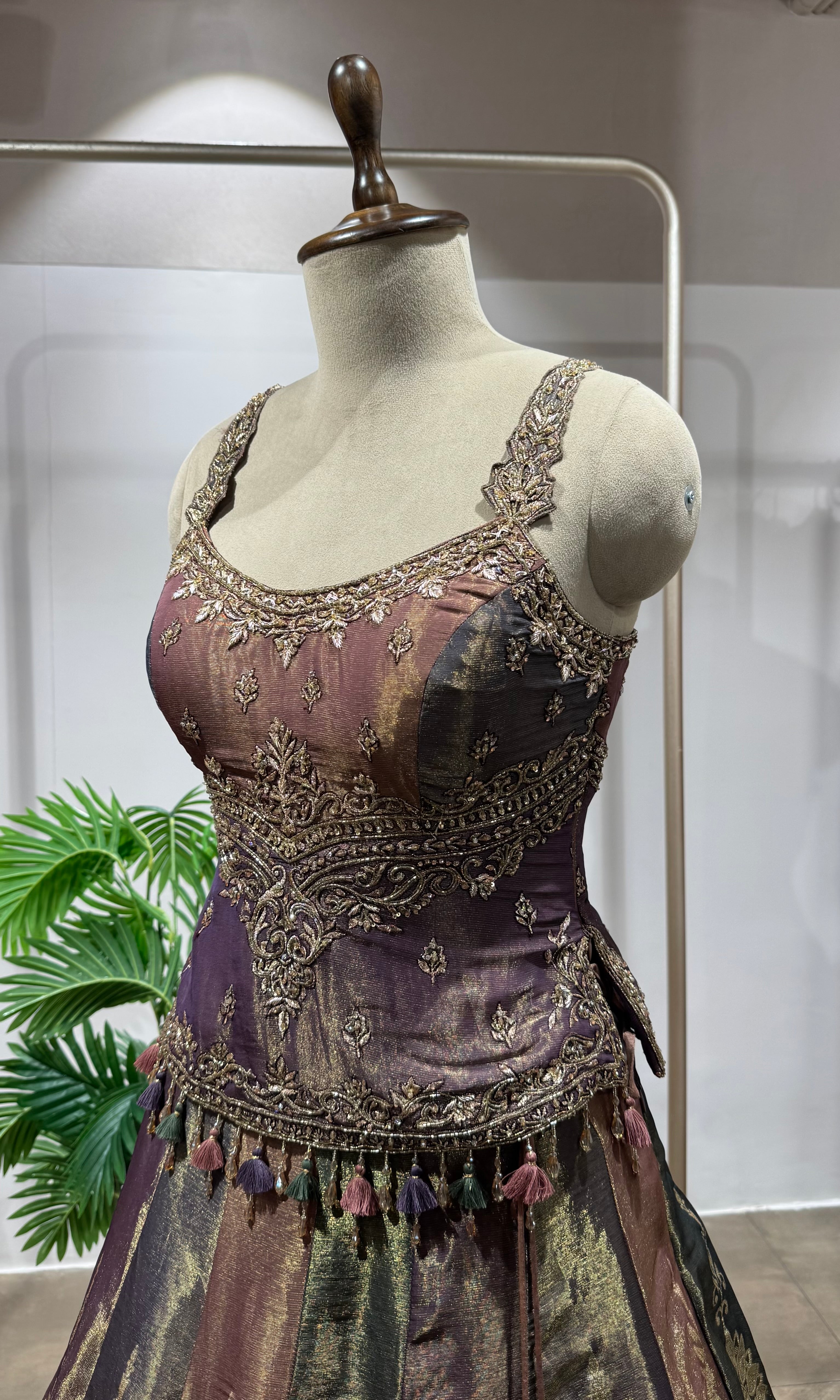 purple and gold embroidered lehenga