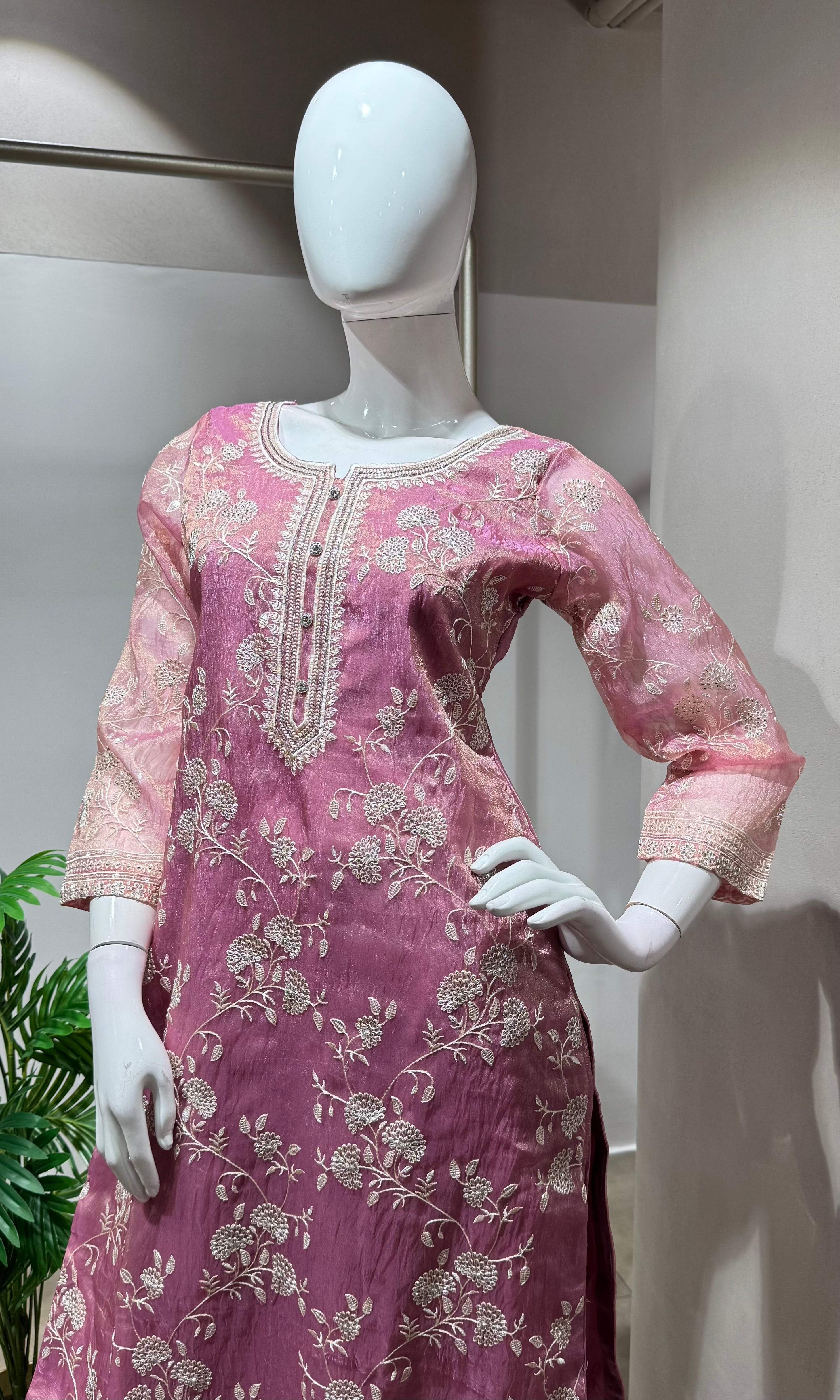 Onion pink floral embroidery kurta set