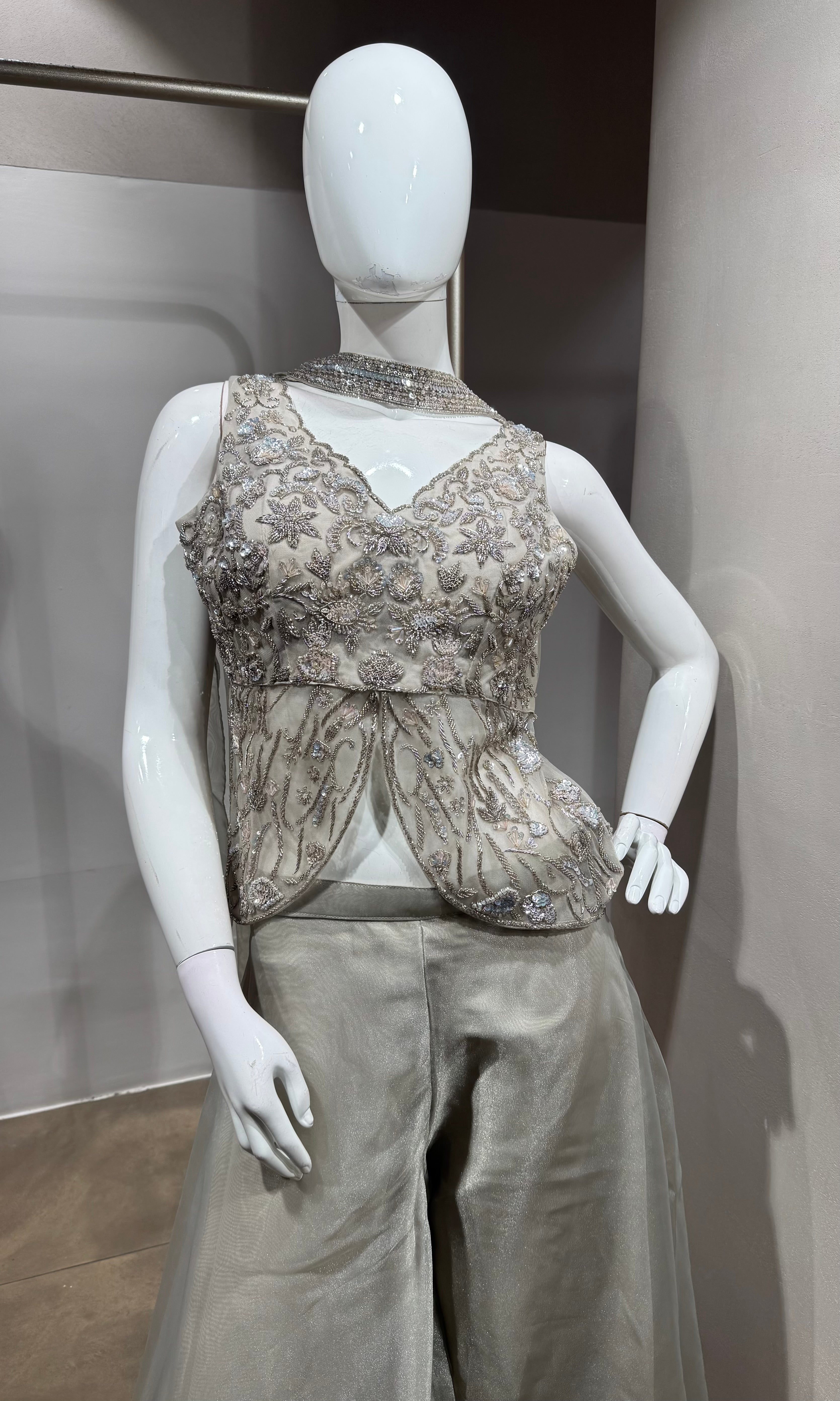 Metallic Grey Embellished Peplum & Flared Palazzo Set