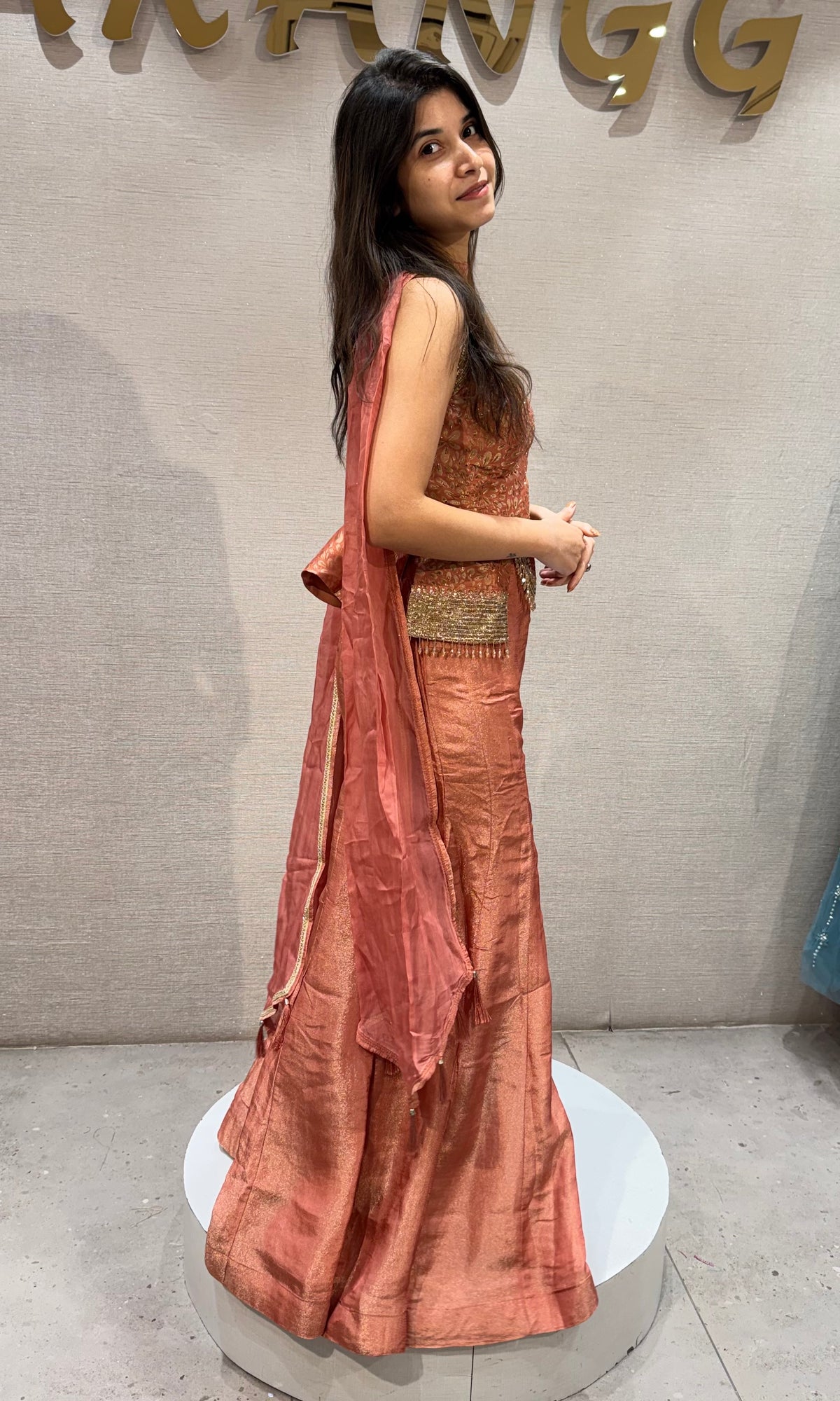 Peach Shimmer Embroidered Corset Crop Top with Palazzo Set & dupatta
