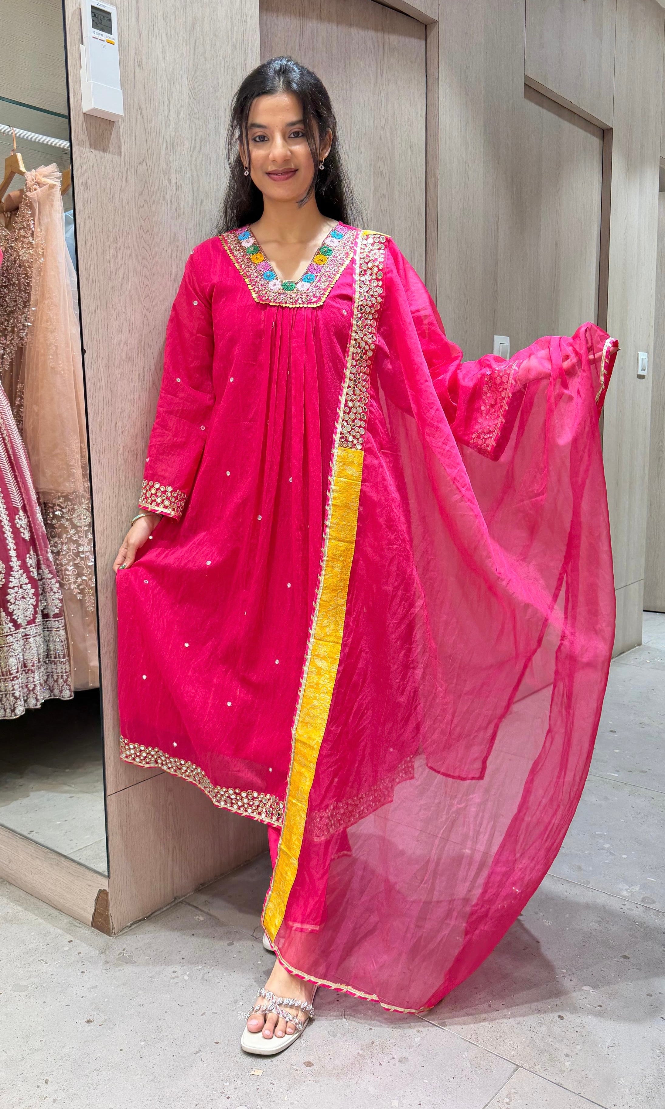 RANI PINK FLORAL NECK A LINE kurta set