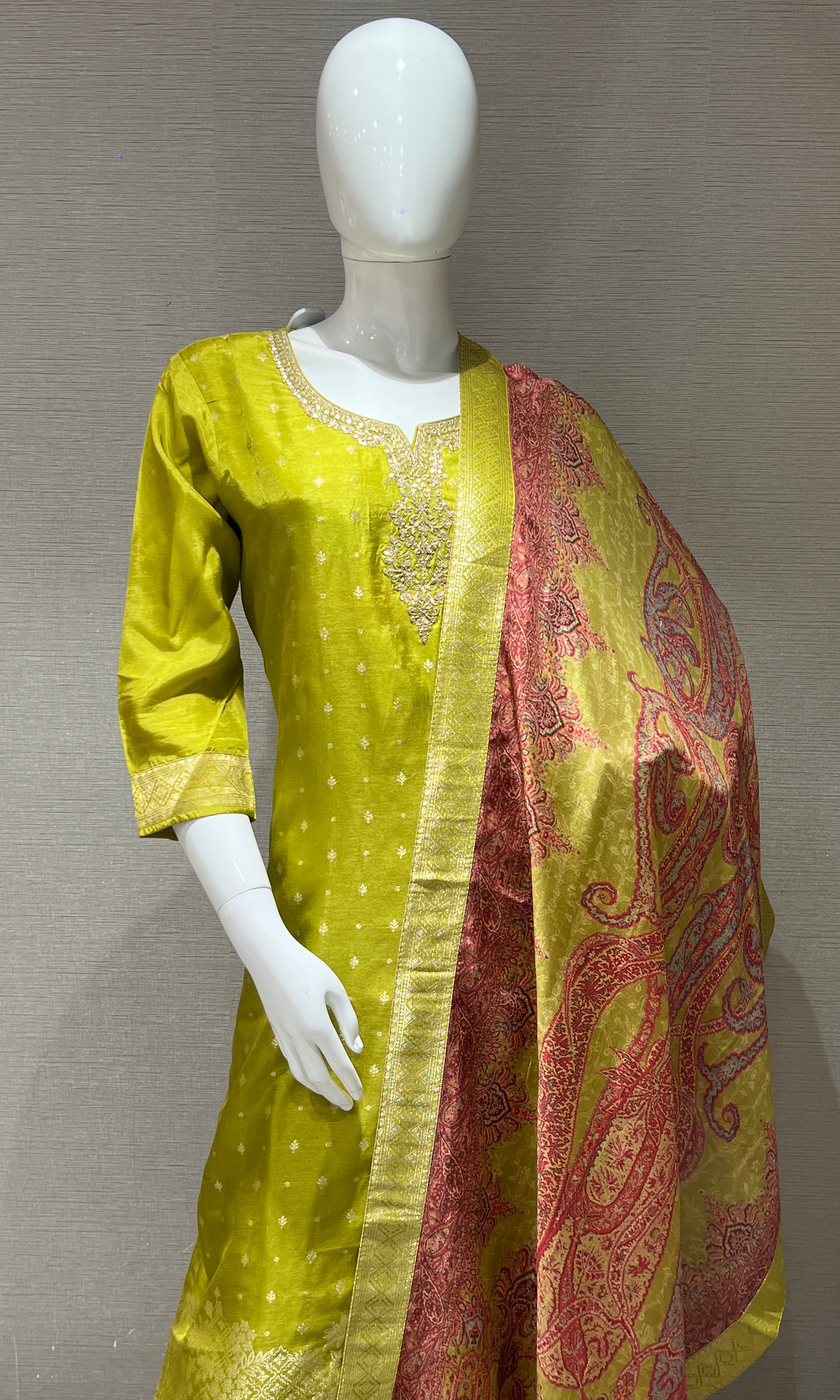 Lime Yellow Kurta Set with Contrast Dupatta