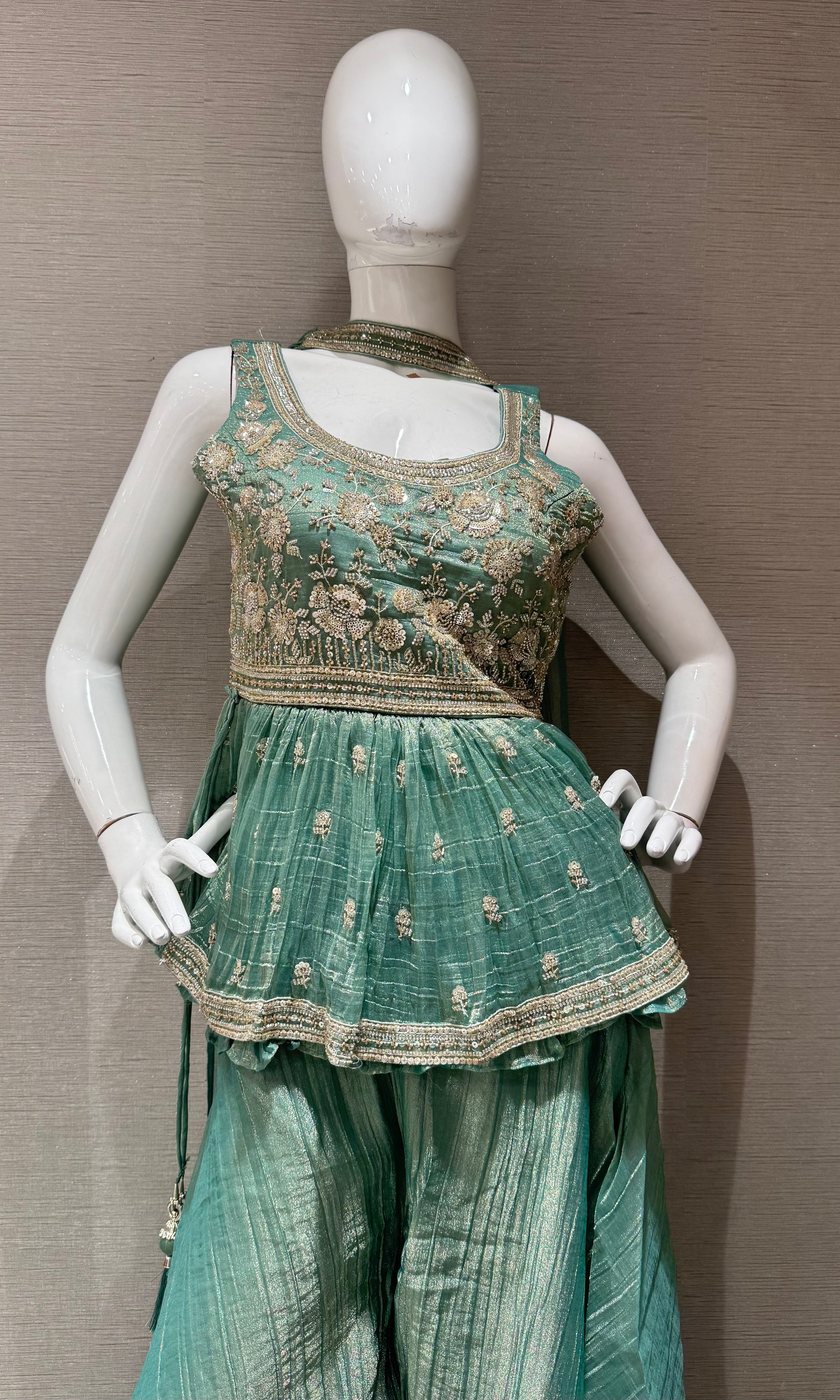 Pista Green Embellished Peplum Sharara set